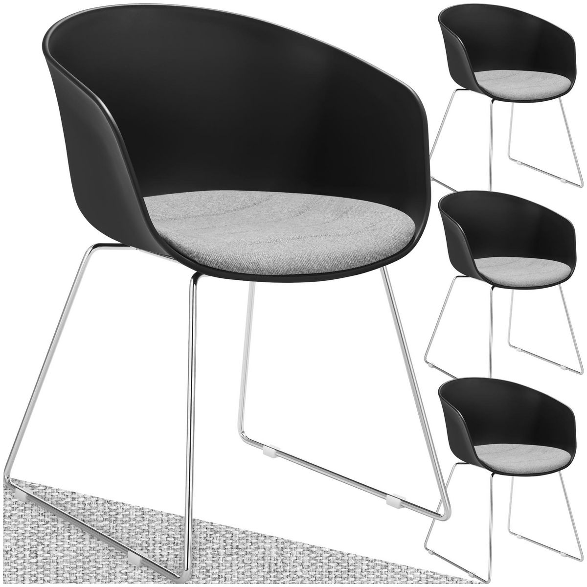 tectake Chaises avec accoudoirs en plastique assise en plastique rembourrée noir/gris chrome Lot de 4