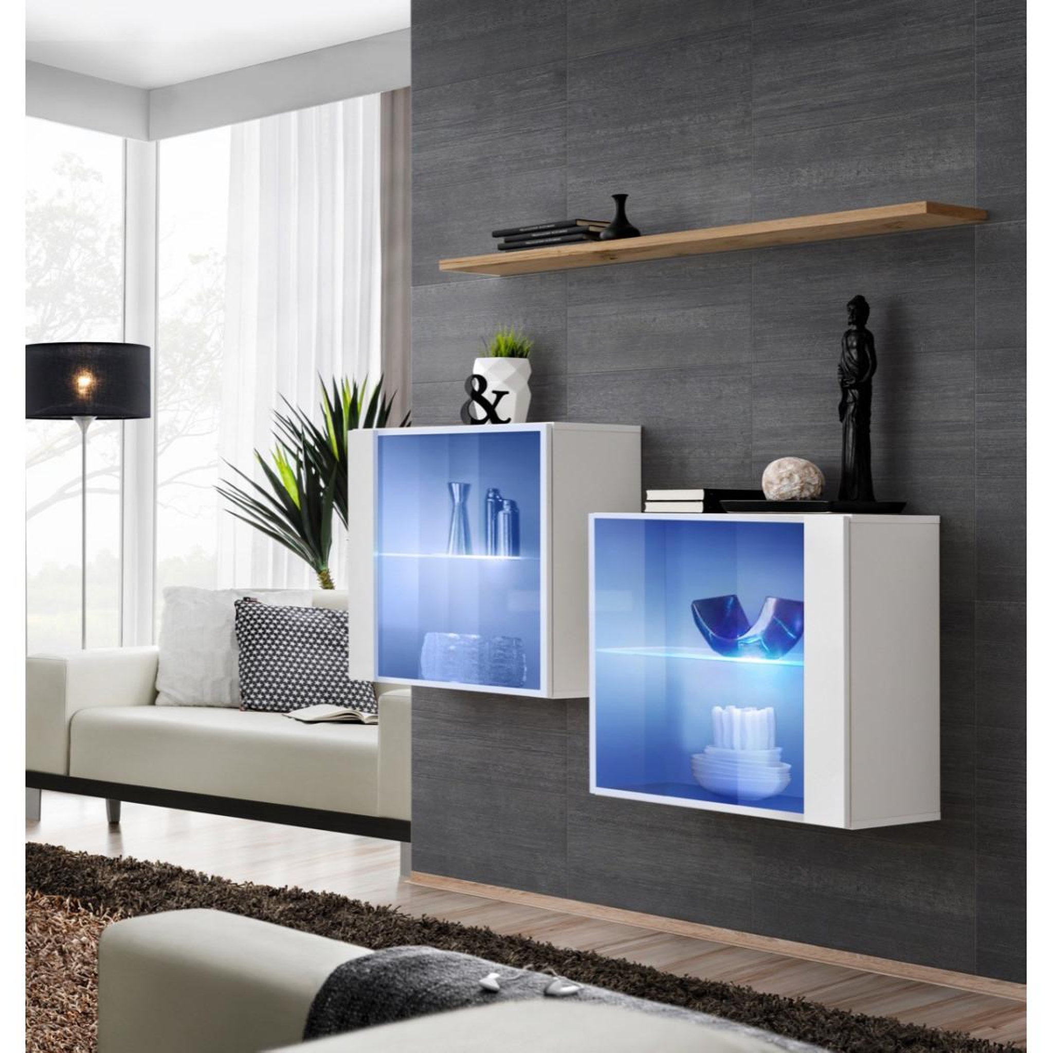 Paris Prix Lot de 2 vitrines murales & étagère  switch sbiii  130cm blanc & naturel