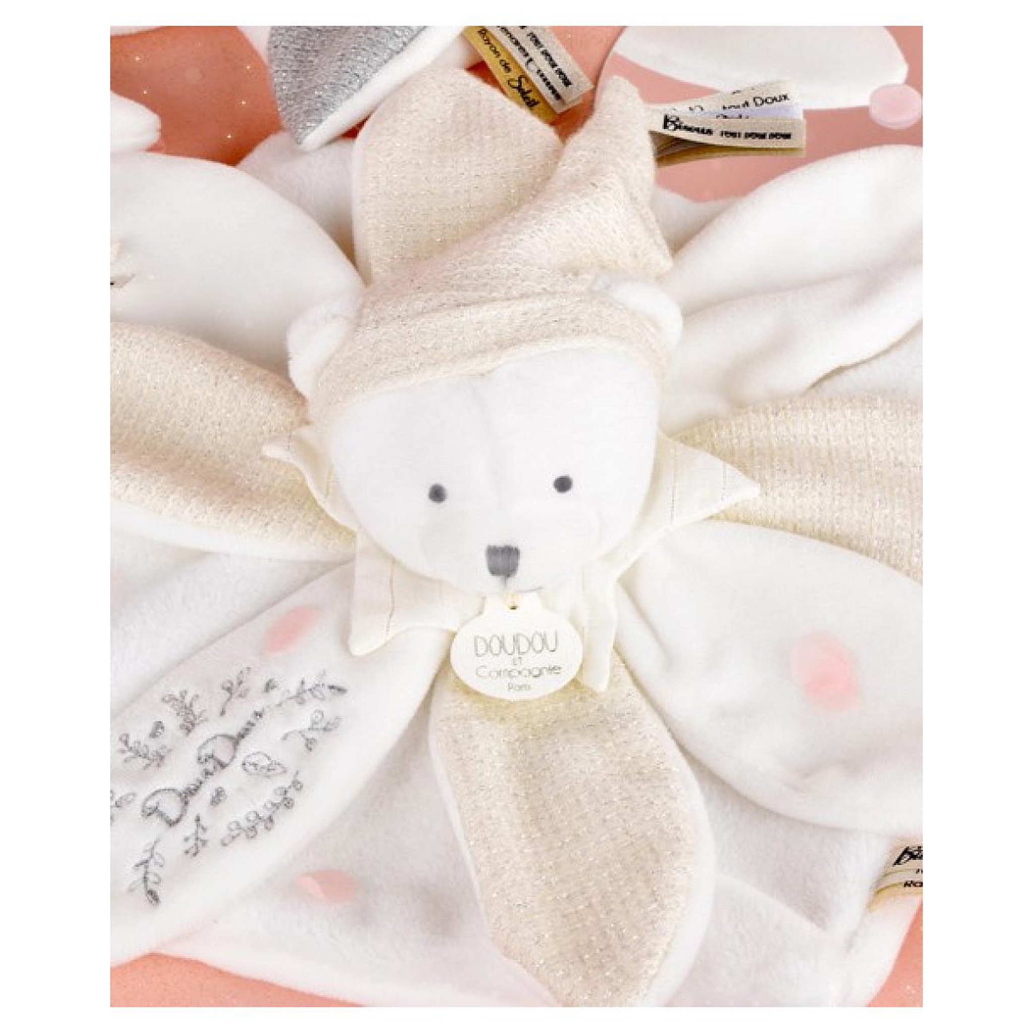 Voir la diapositive 2 : DOUDOU ET COMPAGNIE Doudou plat pétales Ours Blanc - 25 cm - Collection Anniversaire