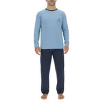 PIERRE CARDIN Ensemble Pyjama long homme en coton uni Logo poitrine. Coloris disponibles : Bleu
