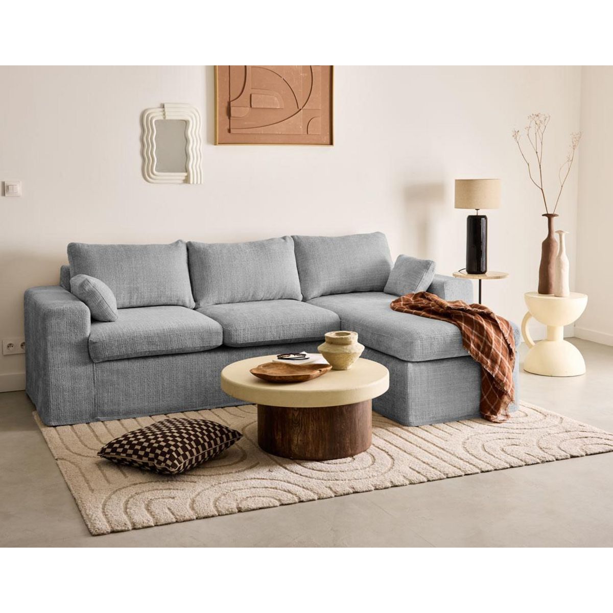 LISA DESIGN Calgary - canapé d'angle déhoussable et modulable 3 places + 1 pouf en velours texturé