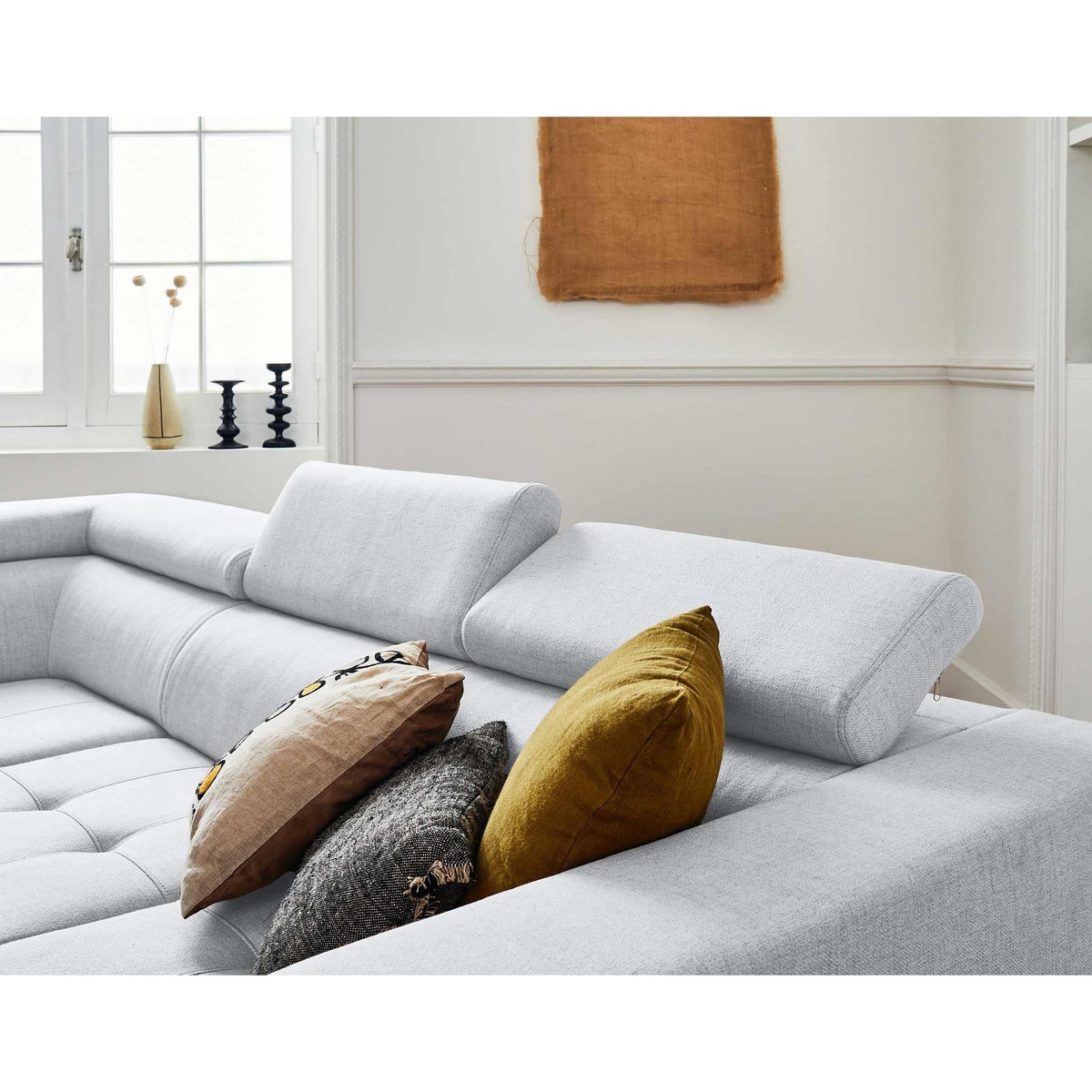 LISA DESIGN Olinda - canapé d'angle gauche - 5 places - convertible avec coffre et têtières réglables - en tissu