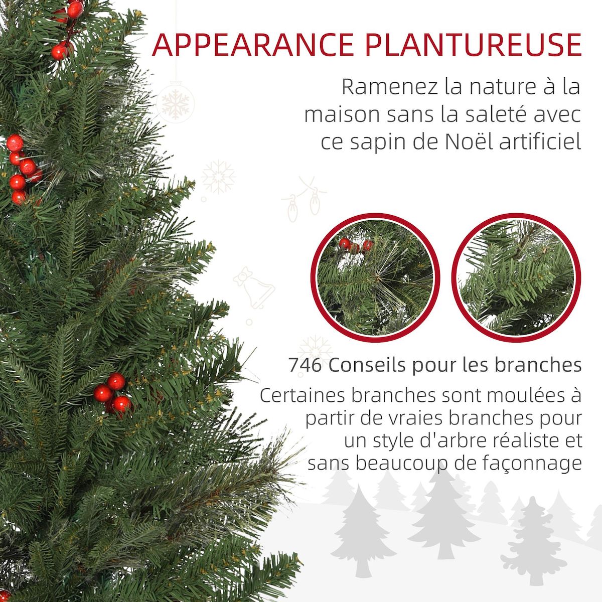 HOMCOM Sapin de Noël artificiel décoré Ø 78 x 210H cm 746 branches épines grand réalisme 45 baies rouges