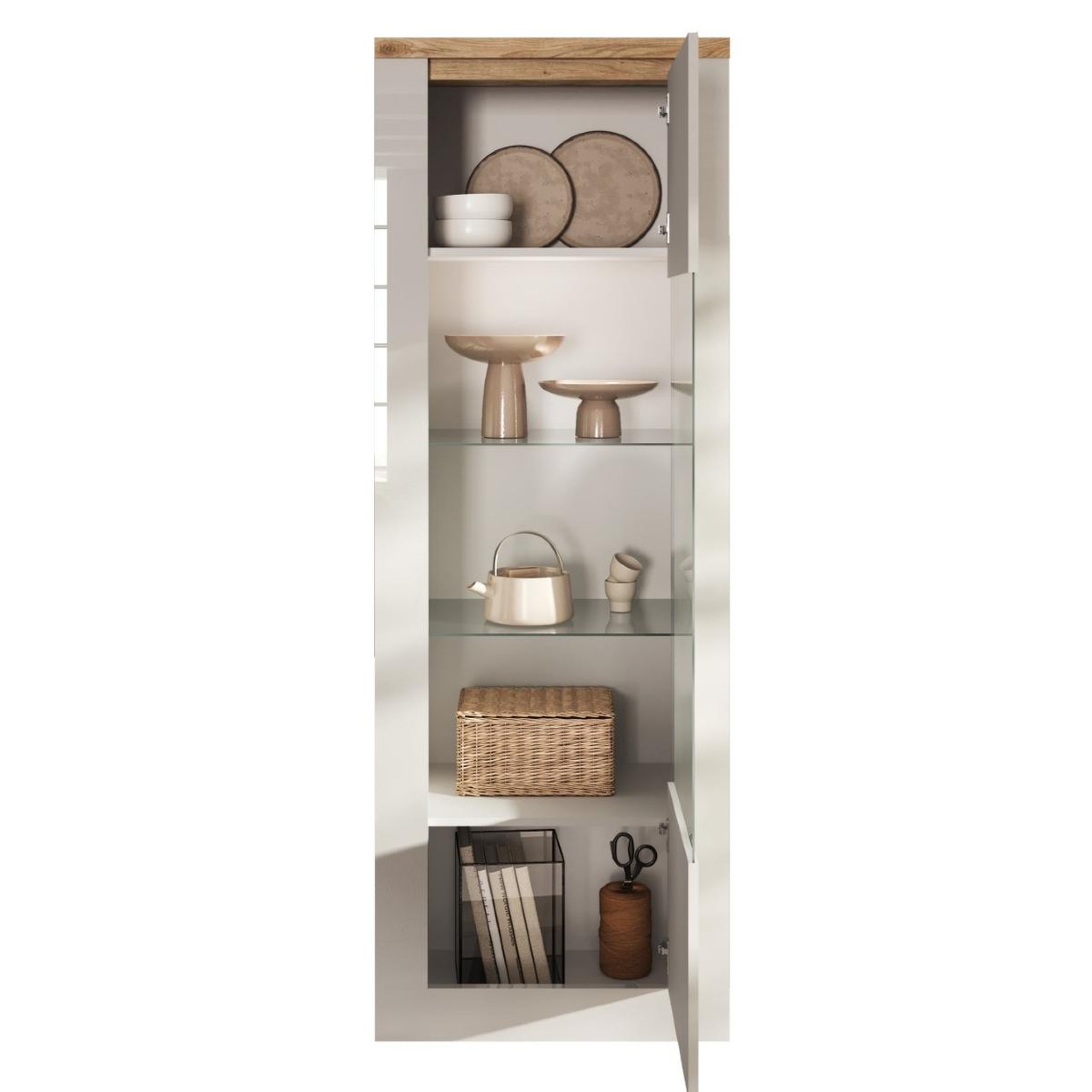 Voir la diapositive 6 : JLC KREATION Vitrine moderne 1 porte laqué blanc et bois + led ARIA