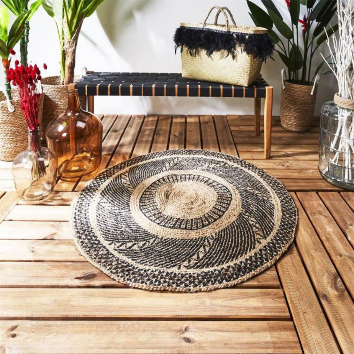 Paris Prix Tapis Rond Déco en Jute  Imprimé  90cm Noir