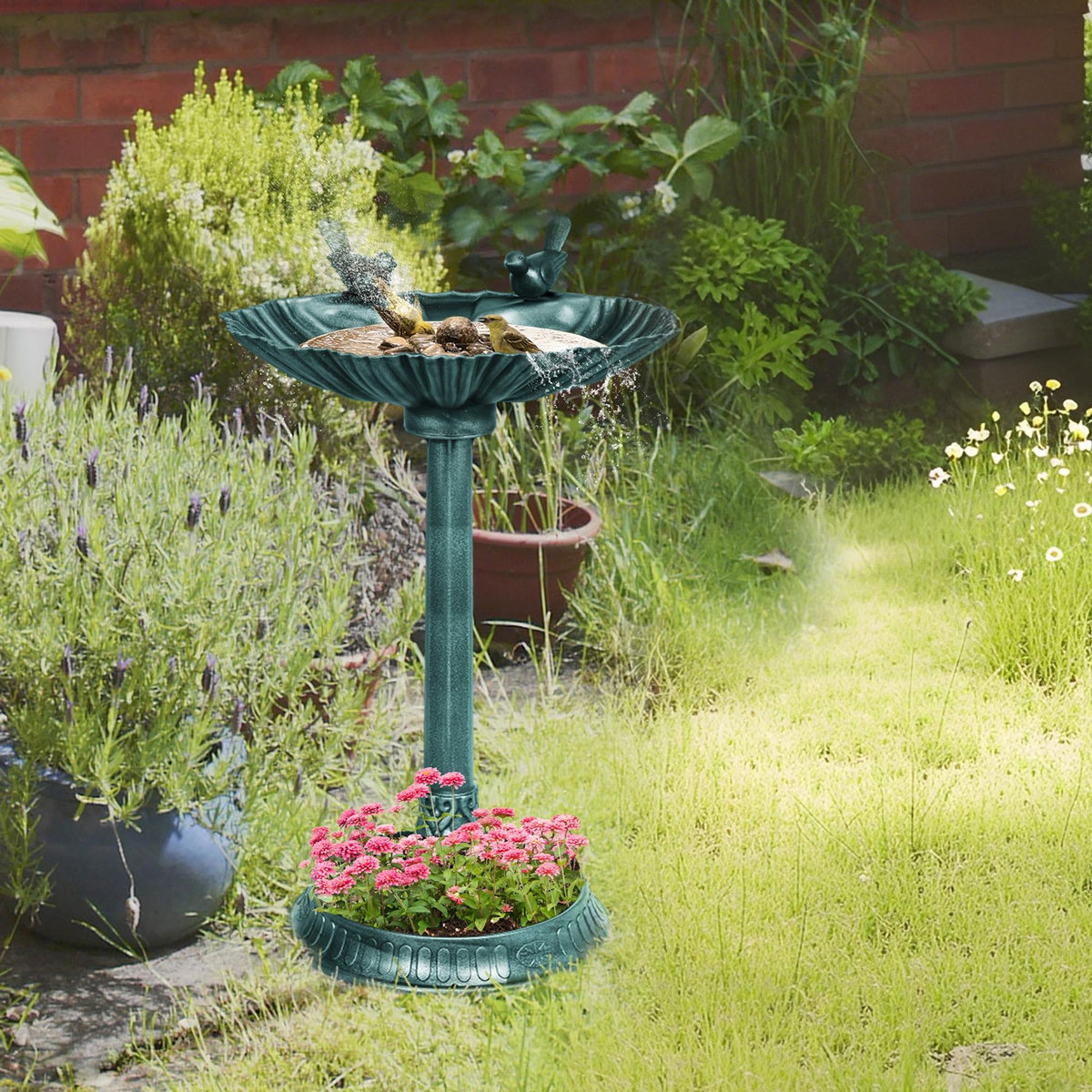 OUTSUNNY Bain d'oiseaux abreuvoir avec base de jardinière vert antique