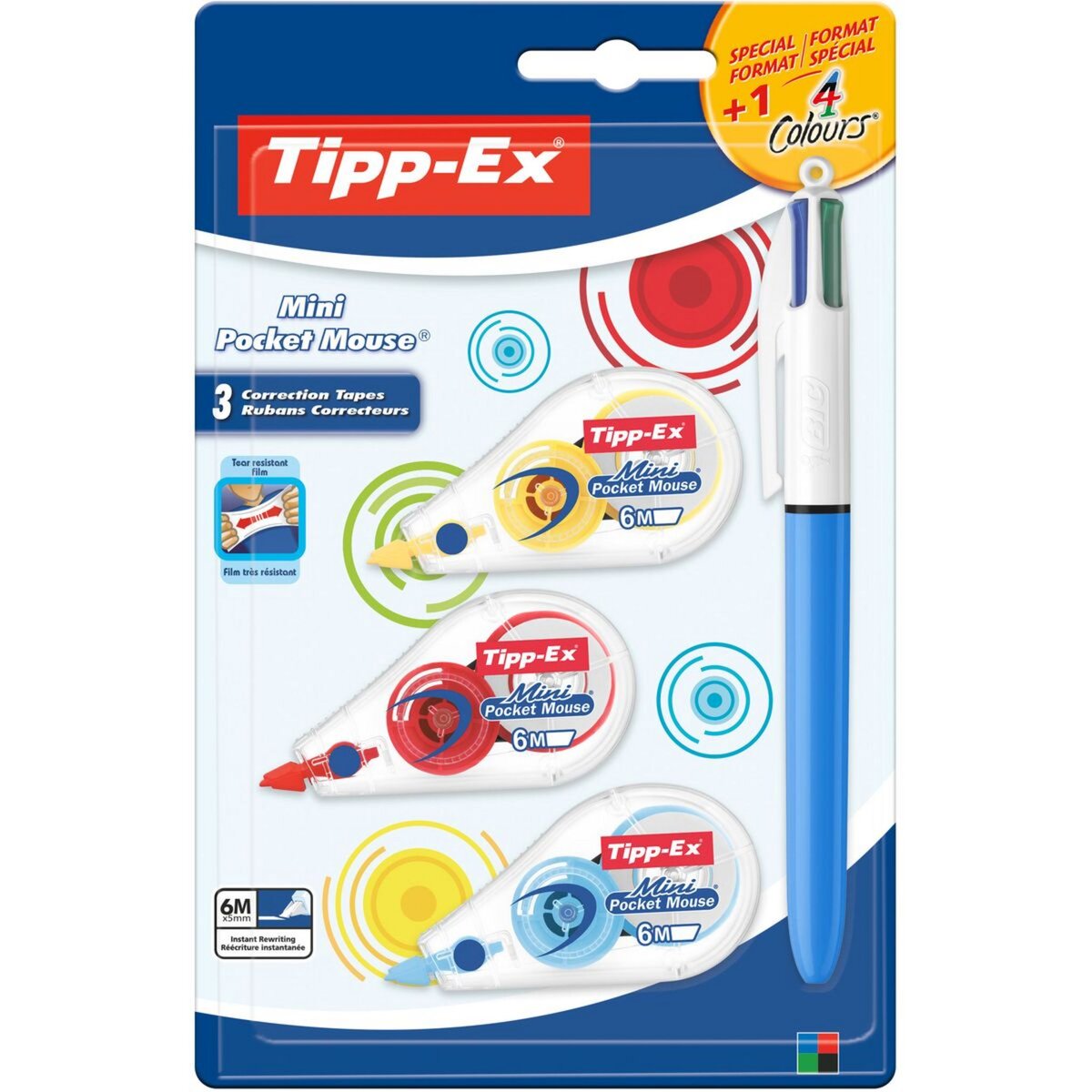 TIPP-EX Lot de 3 mini souris correctrices 6m jaune, rouge et bleu + 1 stylo 4 couleurs rétractable bleu