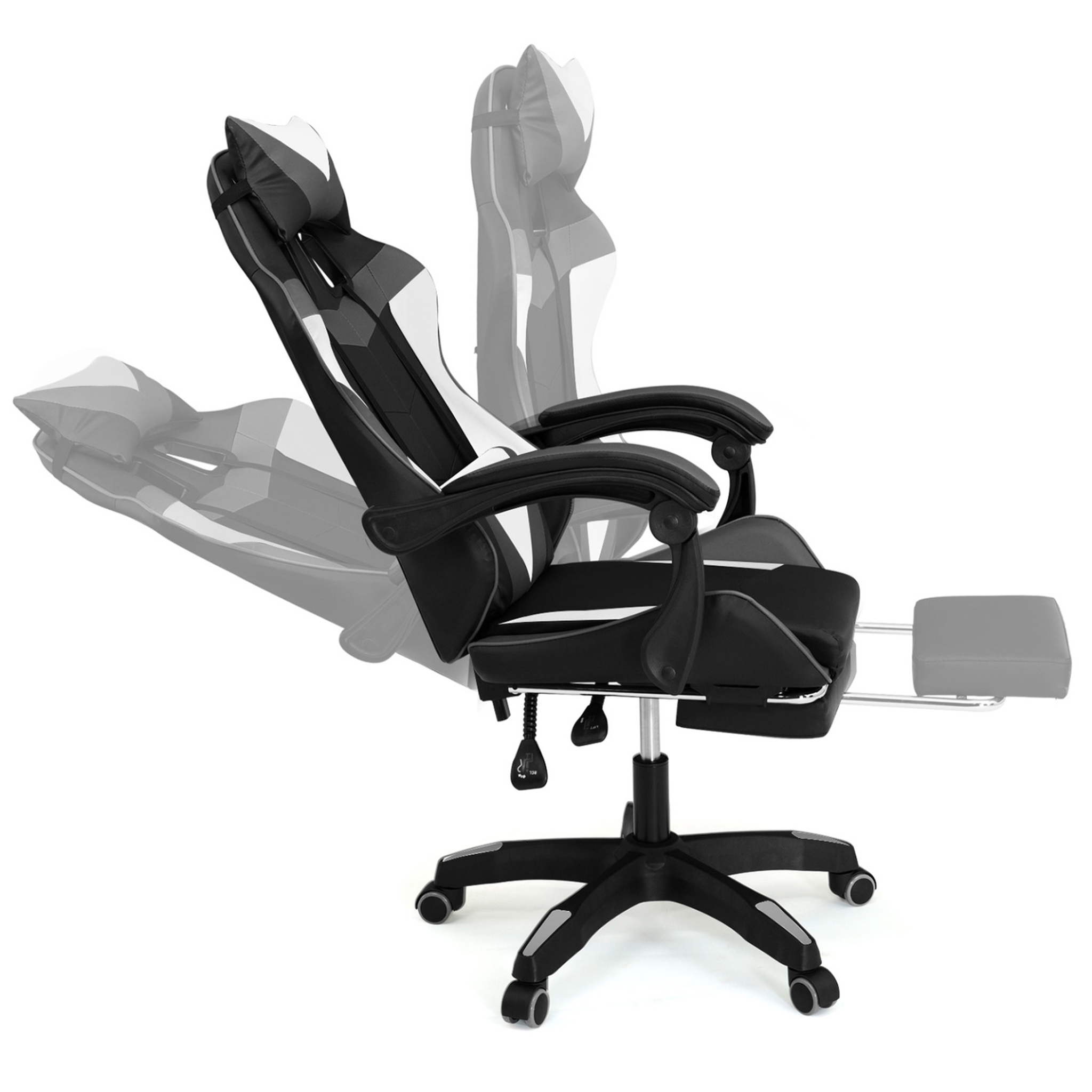 Voir la diapositive 3 : ID MARKET Fauteuil de gaming alex réglable avec repose-pied, coussin de tête et coussin lombaire noir blanc et gris