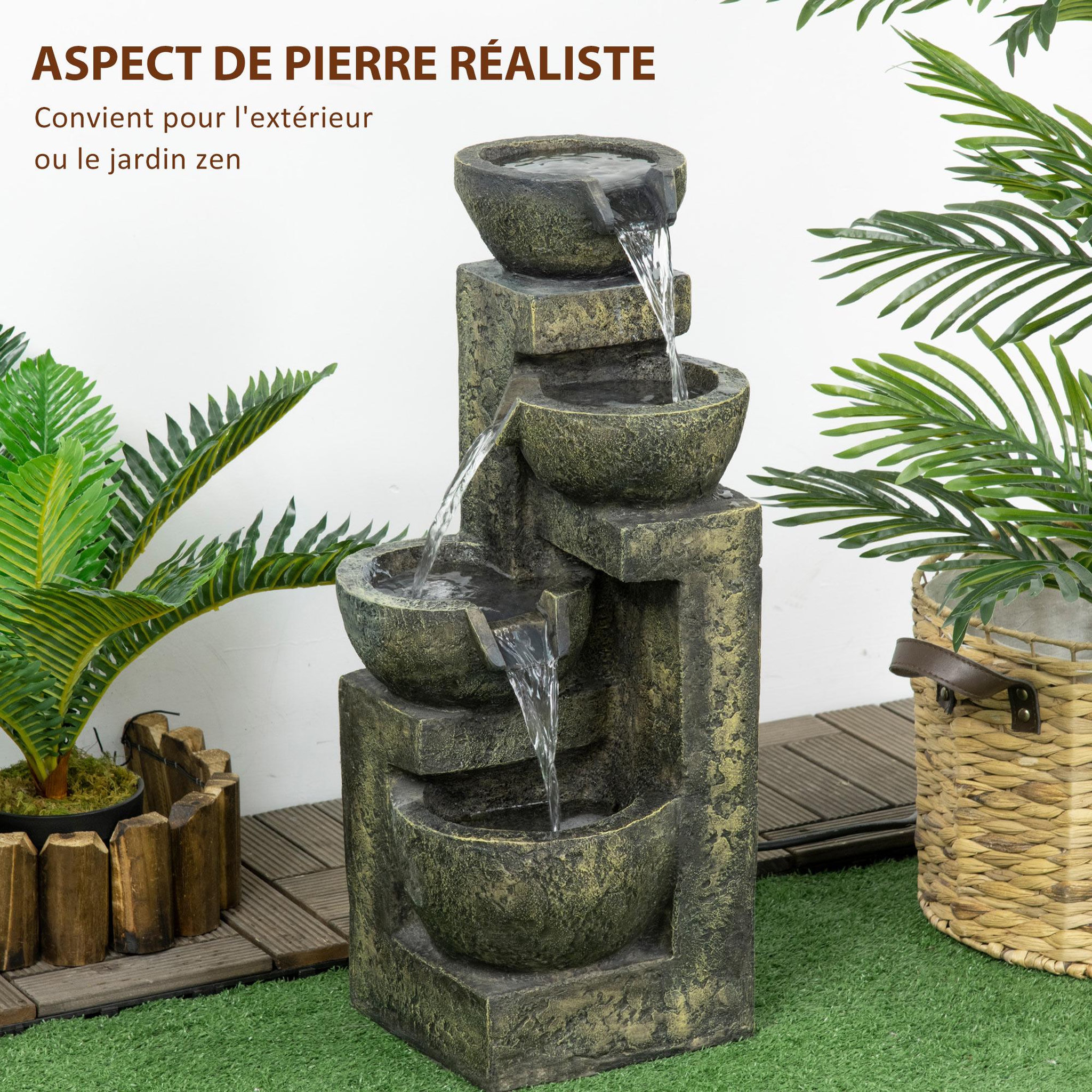 Voir la diapositive 4 : OUTSUNNY Fontaine de jardin cascade 4 pots débit réglable pompe à eau submersible incluse résine noir bronze vieilli