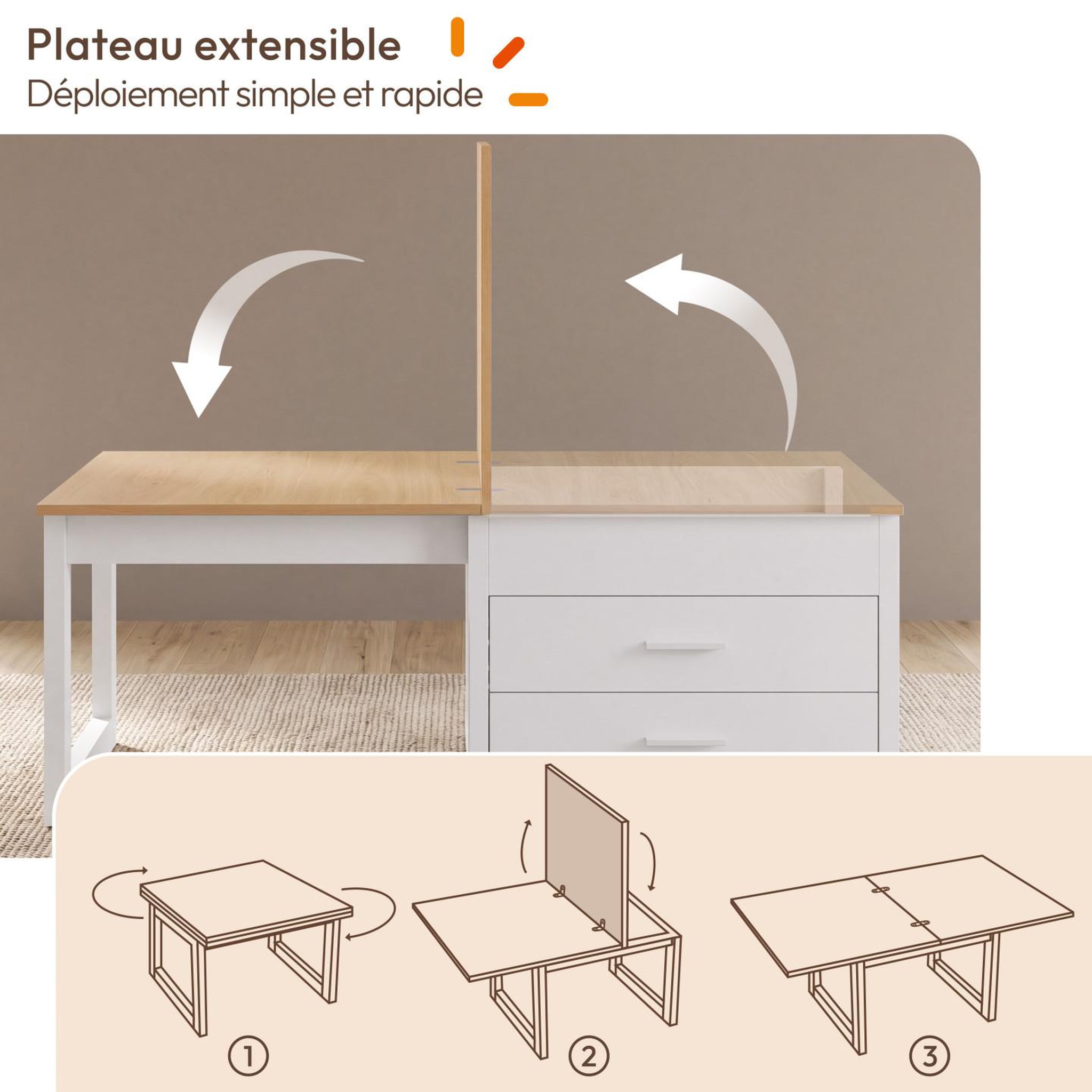 Voir la diapositive 6 : ID MARKET Table basse extensible et relevable en table à manger AMAYA 120 cm 2 modules avec 2 tiroirs blanc et bois