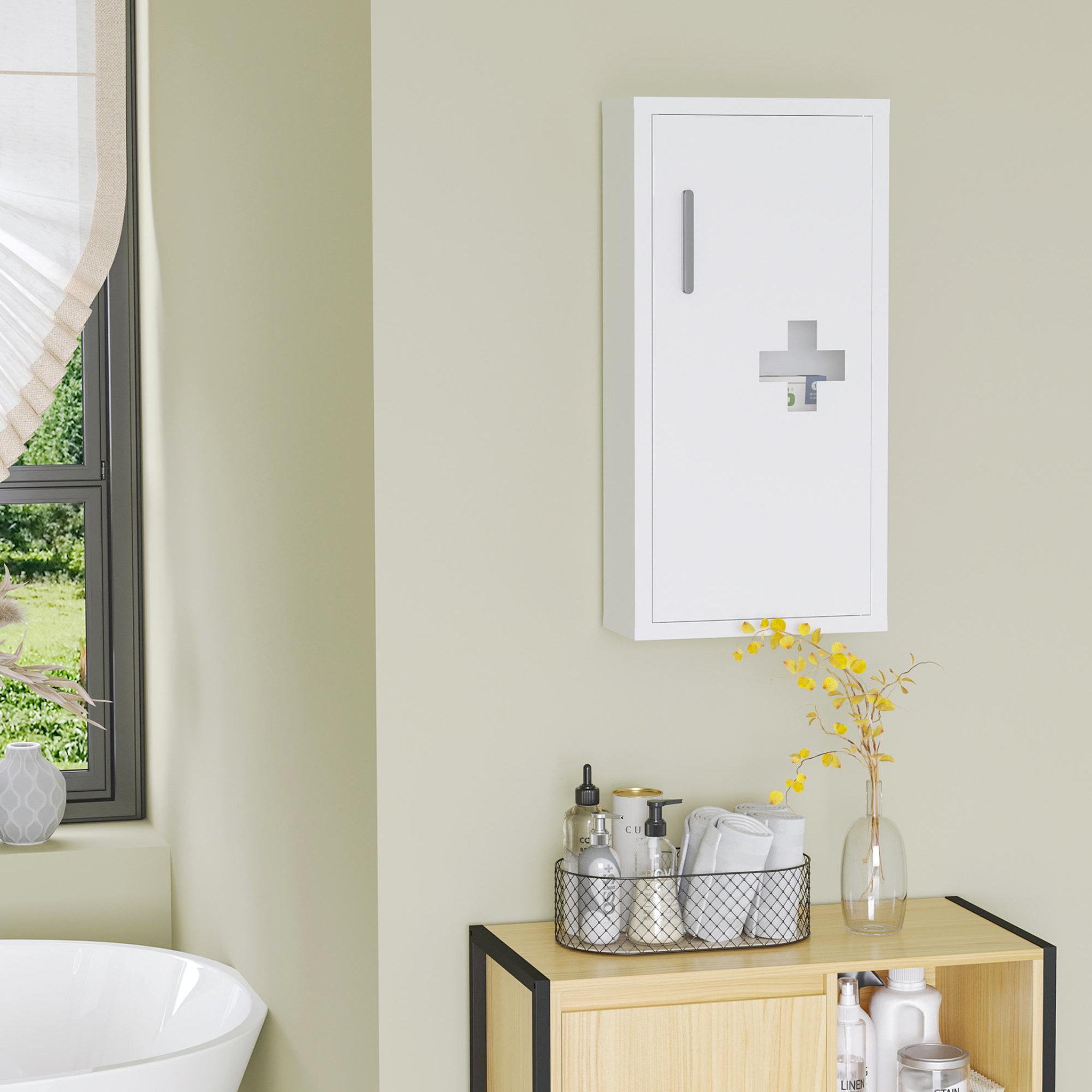 Voir la diapositive 4 : KLEANKIN Armoire à pharmacie 2 étagères 3 niveaux dim. 30l x 12l x 60h cm logo croix transparent acier blanc