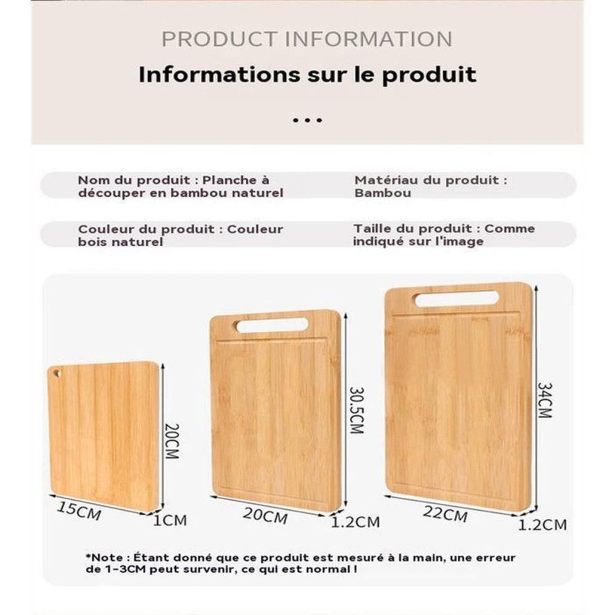 Voir la diapositive 6 : Set de 3 planches à découper en bambou double face antibactériennes 20 30 34 cm, imperméables et résistantes aux rayures, bords arrondis et poignées intégrées