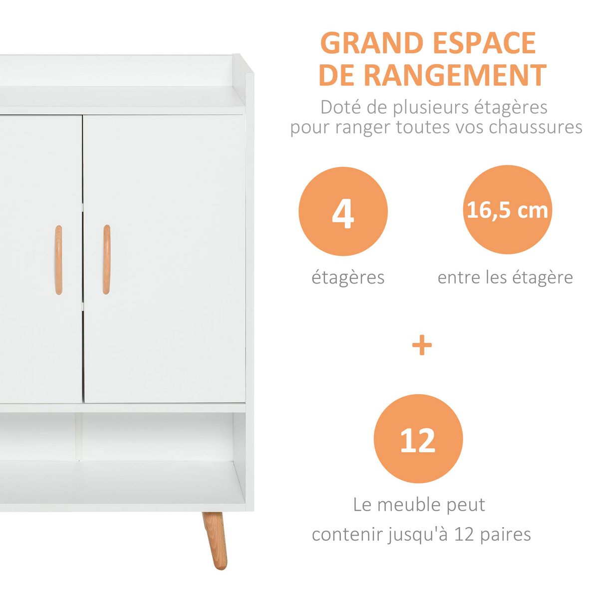 HOMCOM Meuble à chaussures scandinave placard 2 portes 4 étagères pieds effilés inclinés bois massif panneaux particules blanc