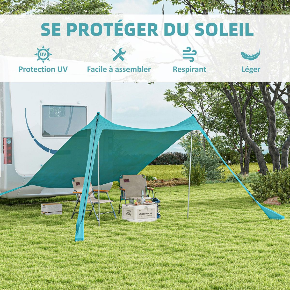 OUTSUNNY Tente de plage - abri solaire de camping - poteaux, piquets inclus - polyester-élasthanne bleu