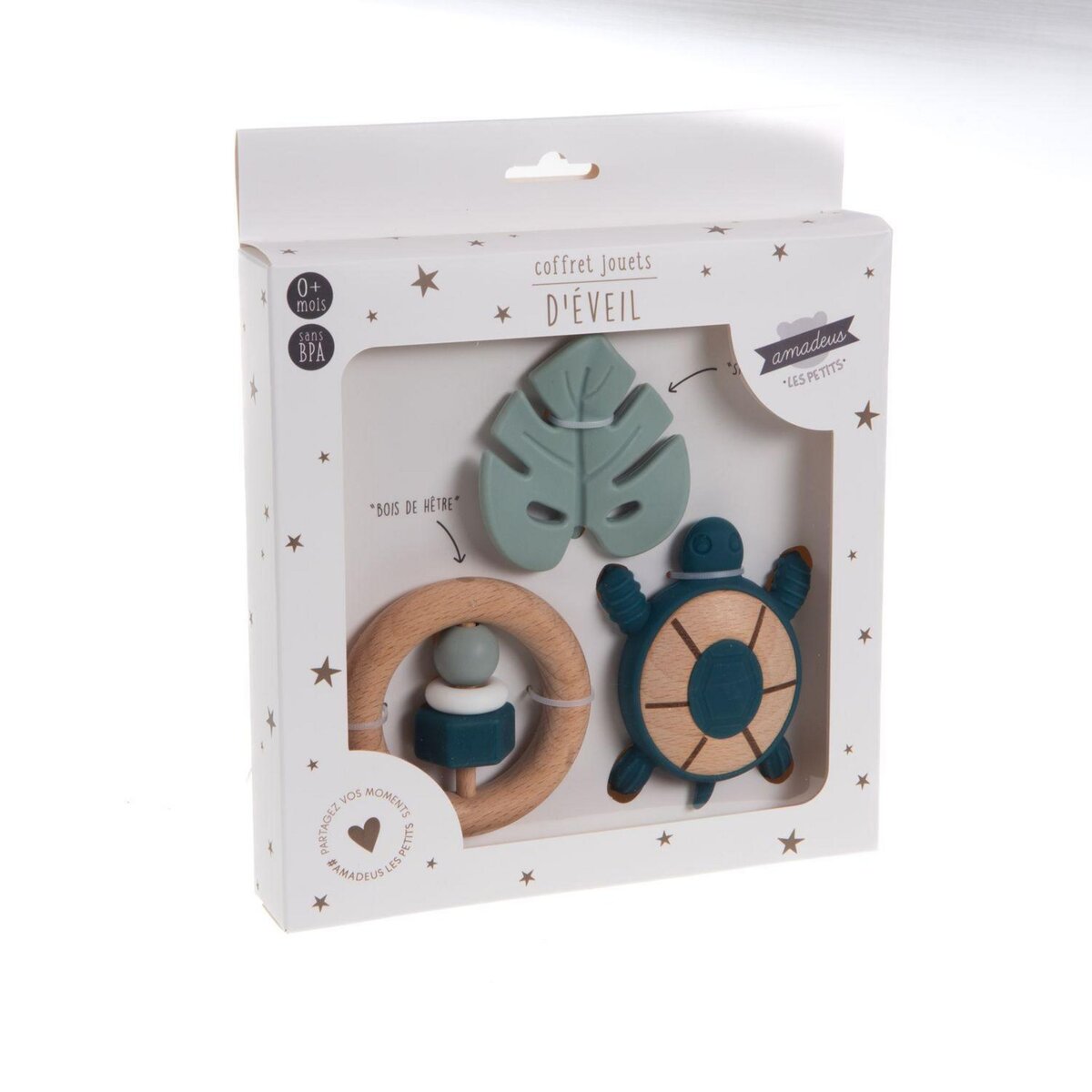 Amadeus Coffret de 3 jouets d'éveil en bois de hêtre et silicone - Tortue