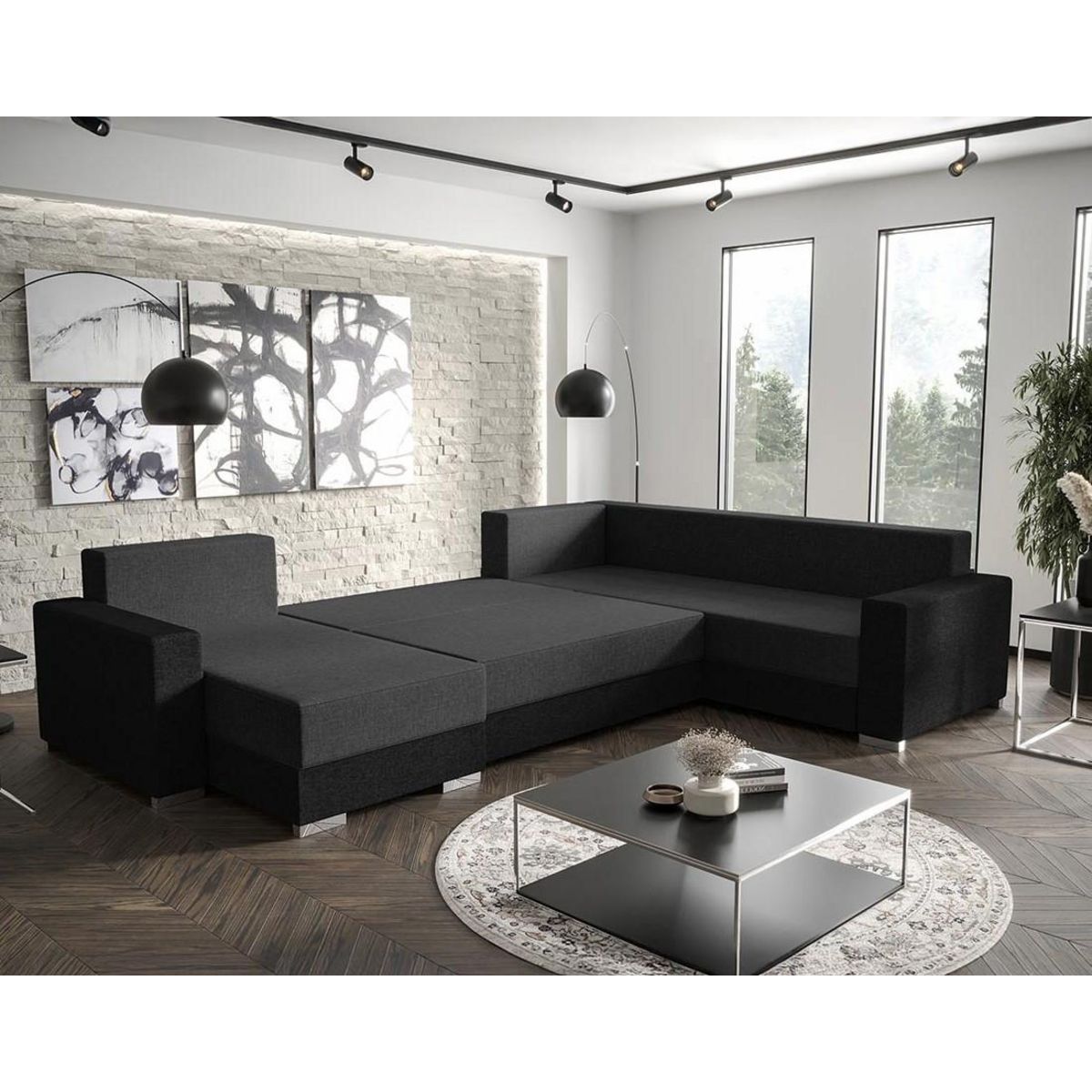 BEST MOBILIER Epona - canapé panoramique d'angle réversible 7 places convertible avec coffre en tissu