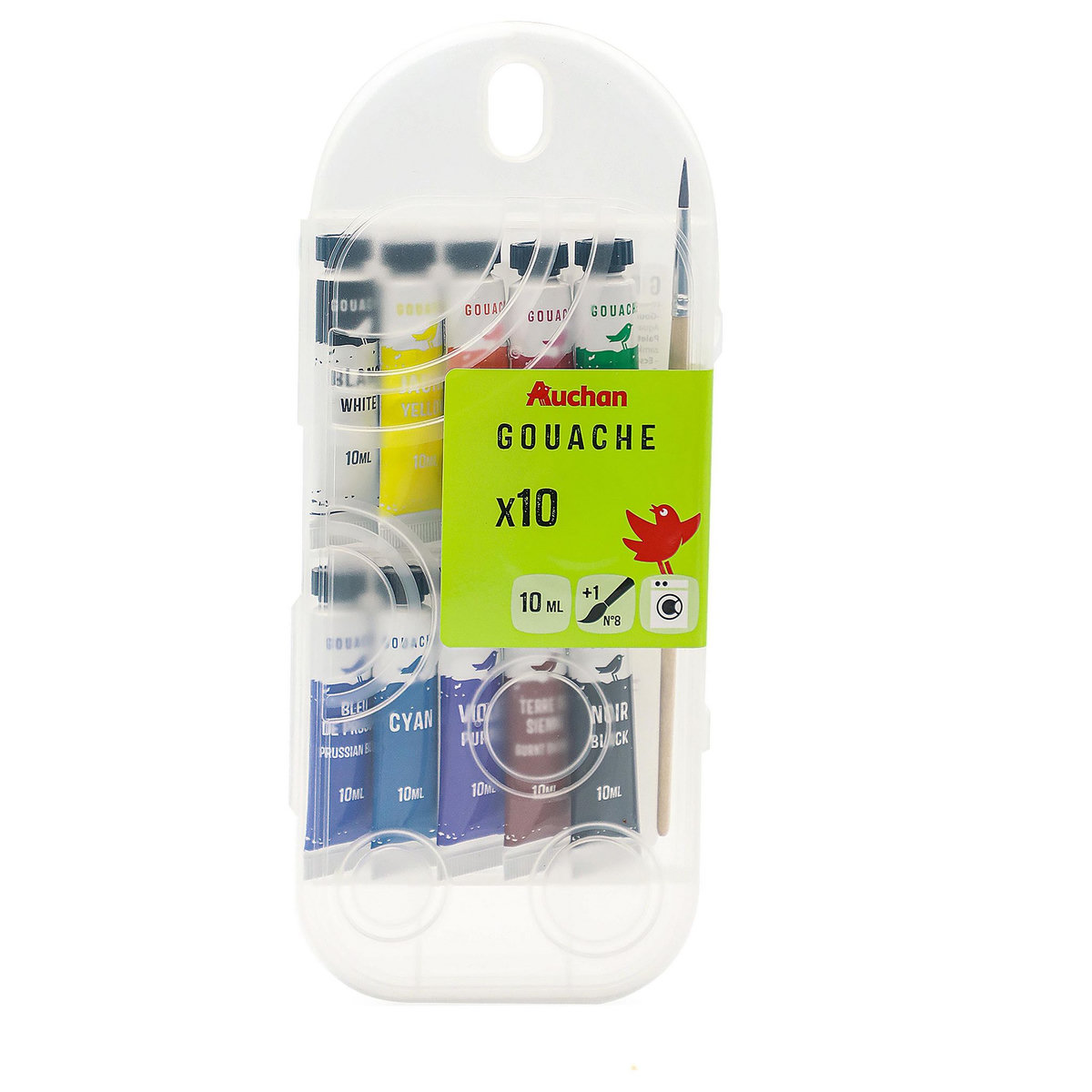 AUCHAN Boite de 10 tubes de gouache 10 ml avec pinceau rond N8