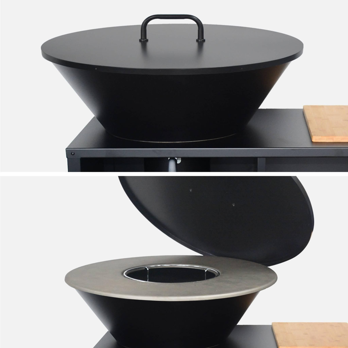 SWEEEK Braséro de cuisson Ø80cm avec grille de cuisson. espace de rangement et couvercle. L 138 x P 82 x H 114 cm