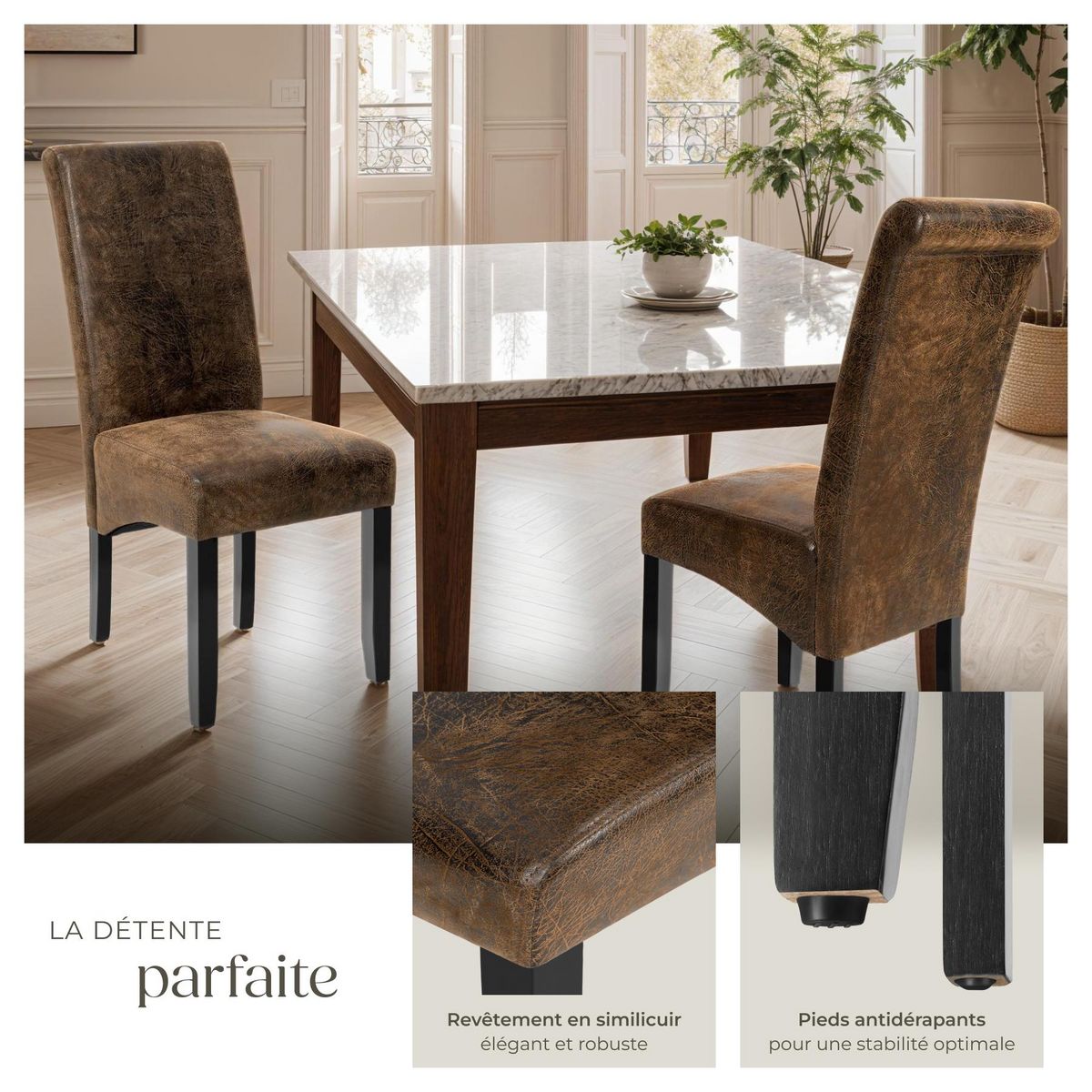 tectake Chaise de salle à manger avec revêtement en cuir synthétique marron foncé Lot de 4