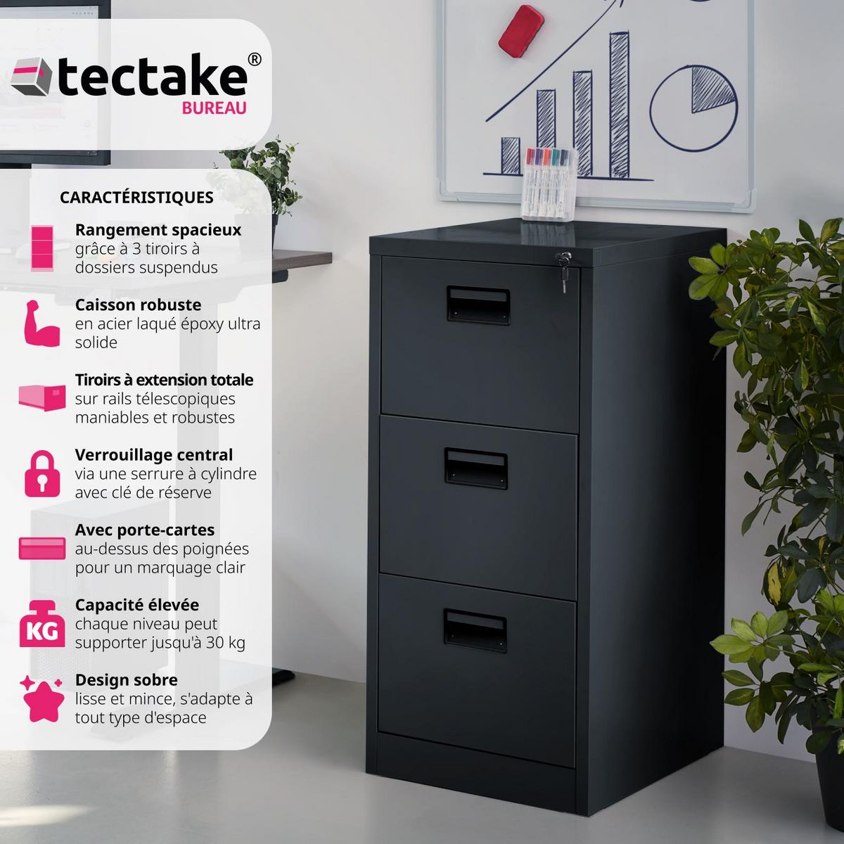 tectake Armoire de classement en métal en acier lâqué époxy noir