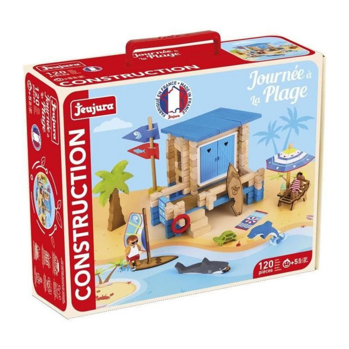 JeuJura Journée a la Plage 120 Pieces - JEUJURA - Jeu de Construction en Bois Naturel, Tapis et Accessoires Inclus, 32x27x11 cm