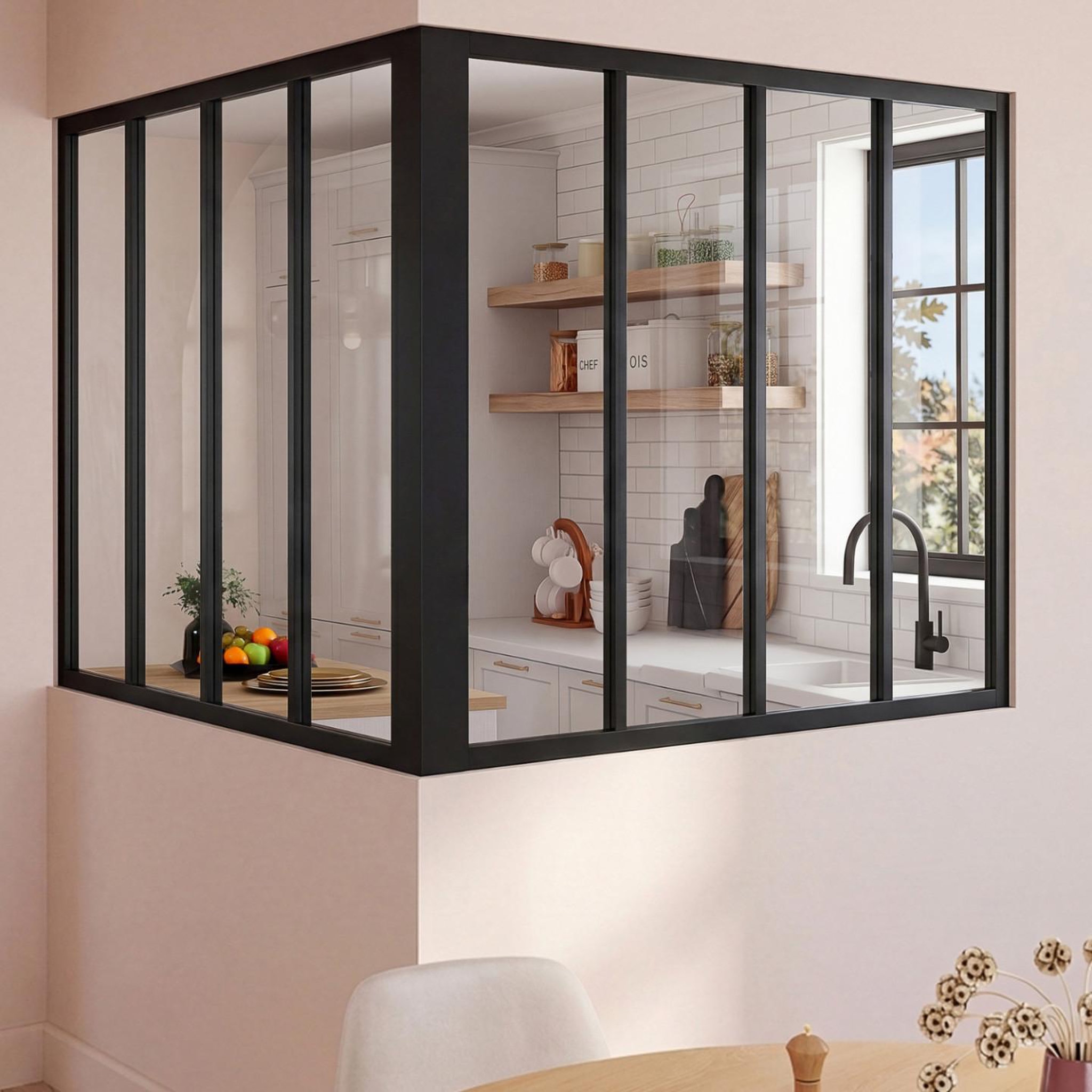 Voir la diapositive 2 : ID MARKET Verrière d'angle atelier 8 vitrages l. 116 x l.116 x h.108 cm en métal noir et verre trempé