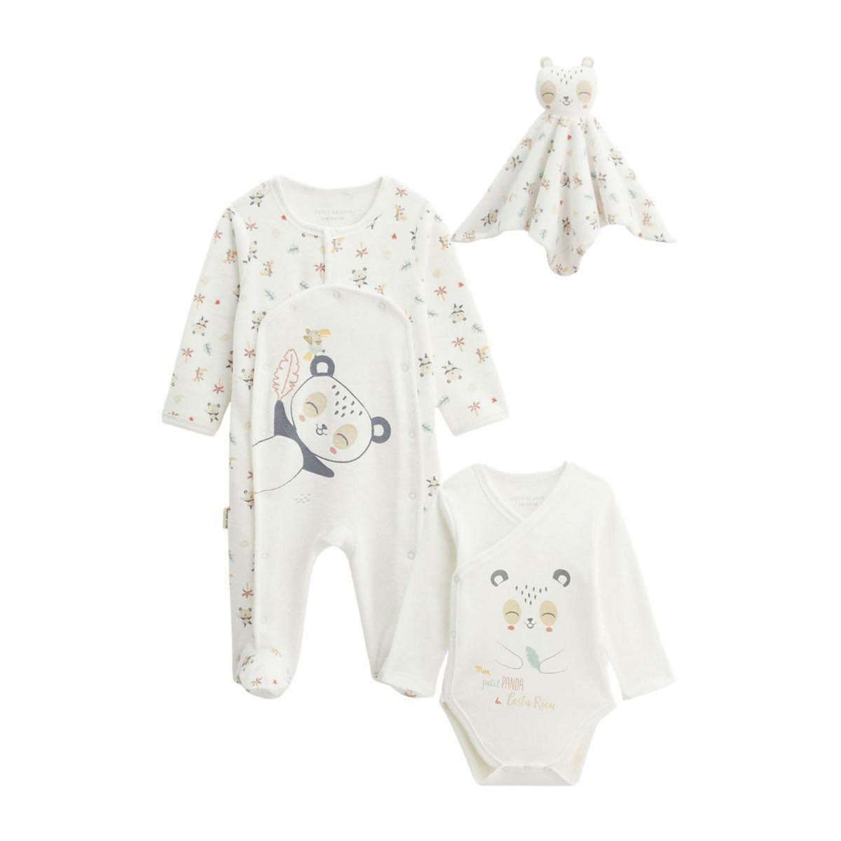 Petit Béguin Kit naissance 3 pièces pyjama, body et doudou bébé Baby Panda