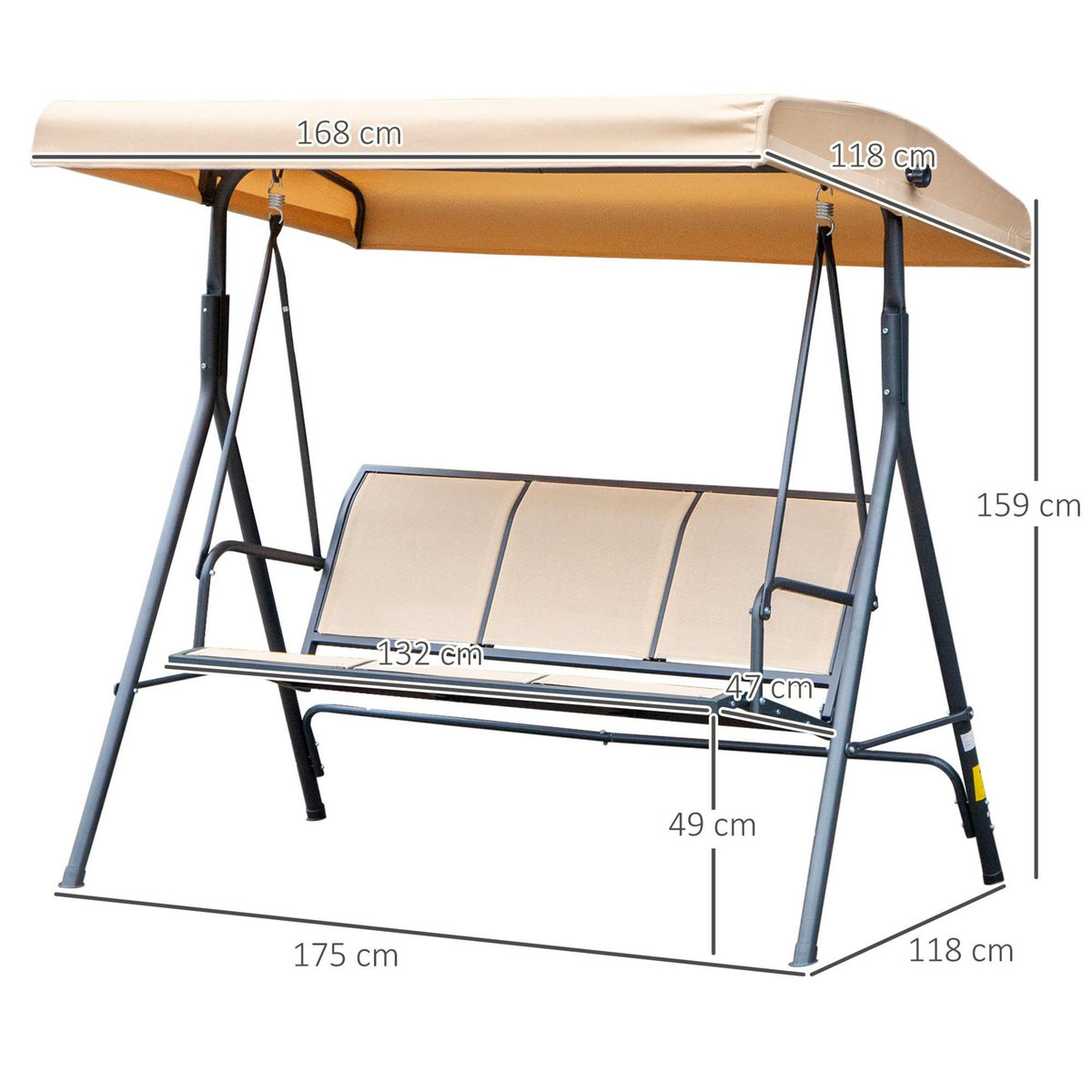 OUTSUNNY Balancelle de jardin 3 places grand confort toit inclinaison réglable assise et dossier ergonomique acier époxy textilène beige