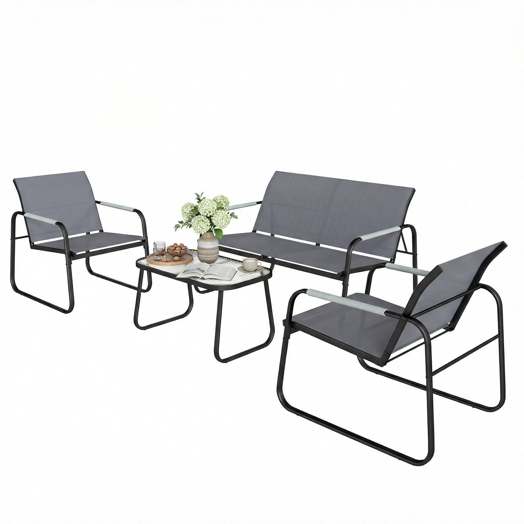 Voir la diapositive 5 : OUTSUNNY Salon de jardin style yachting 4 personnes 4 pièces plateau verre trempé