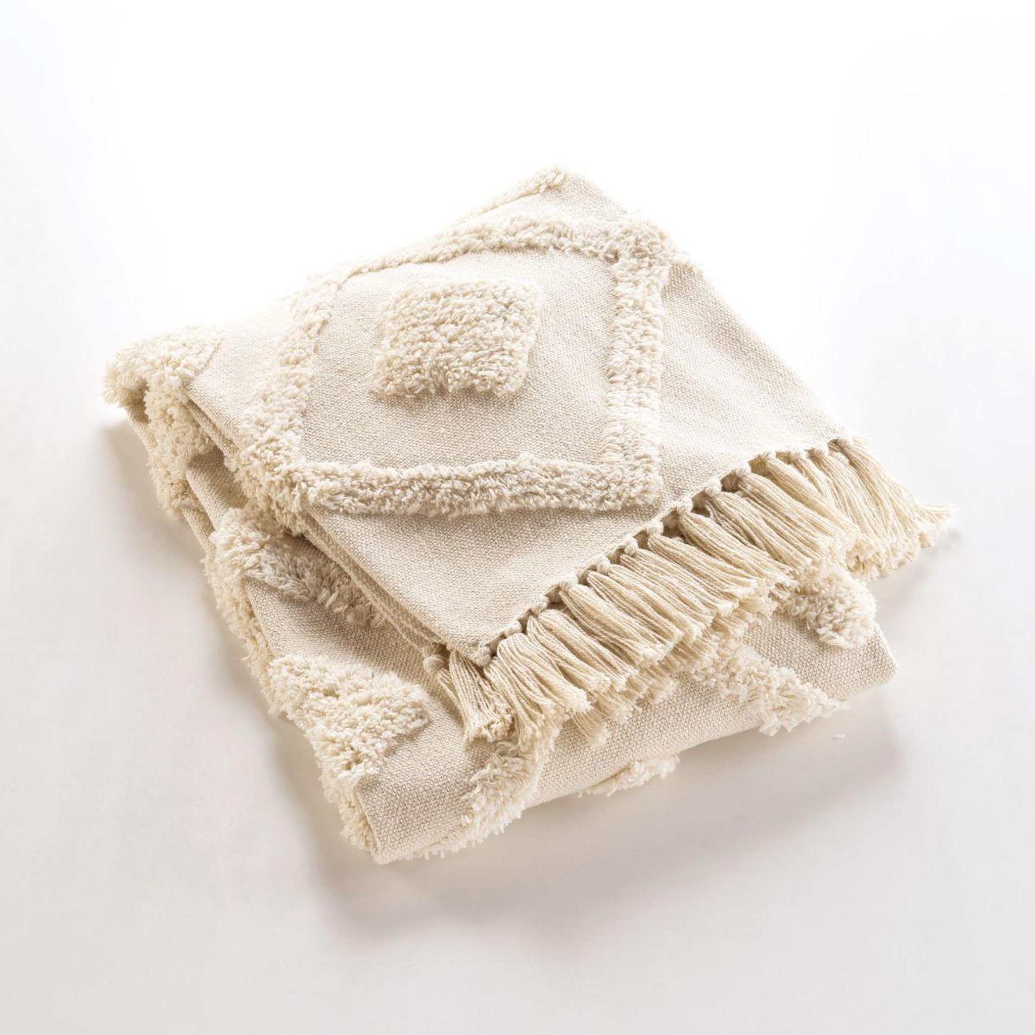 Voir la diapositive 3 : Douceur d'Intérieur Plaid à franges tufté  inca  125x150cm beige