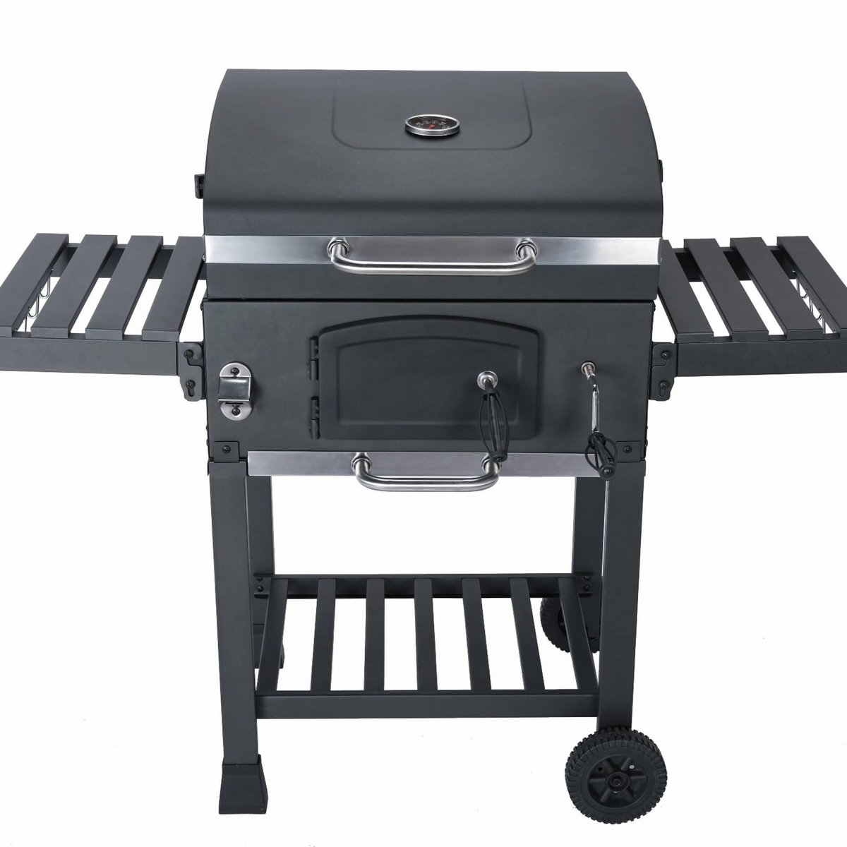 SWEEEK Barbecue Grill charbon de bois noir - Fumoir avec récupérateur de cendres. aérateurs. bac charbon ajustable et tablettes rabattables