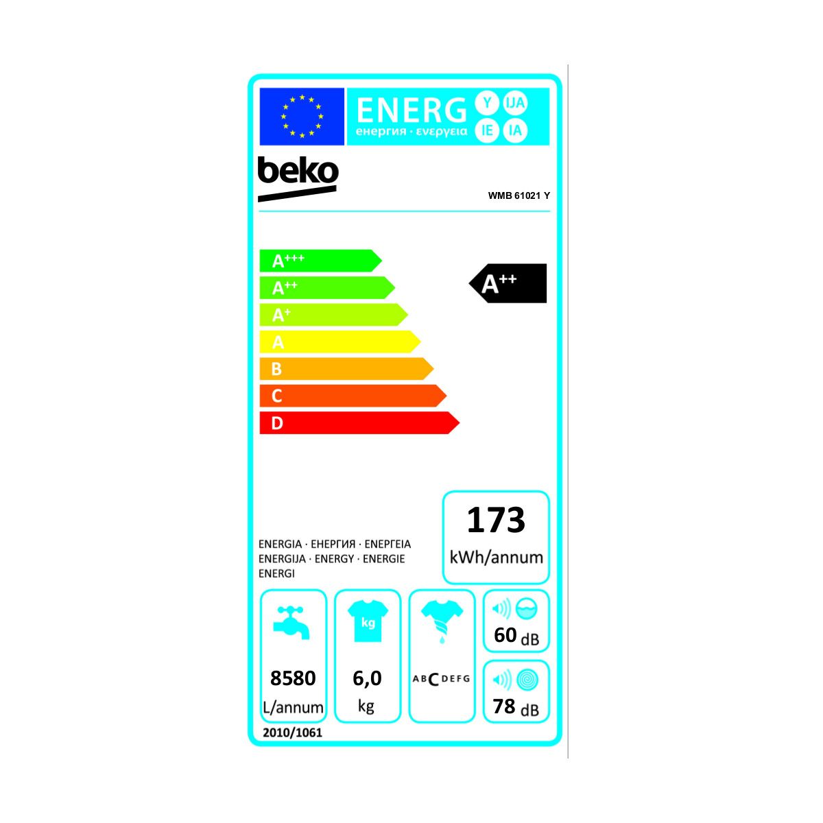 BEKO Lave-linge hublot WMB61021Y, 6 Kg, 1000 T/min