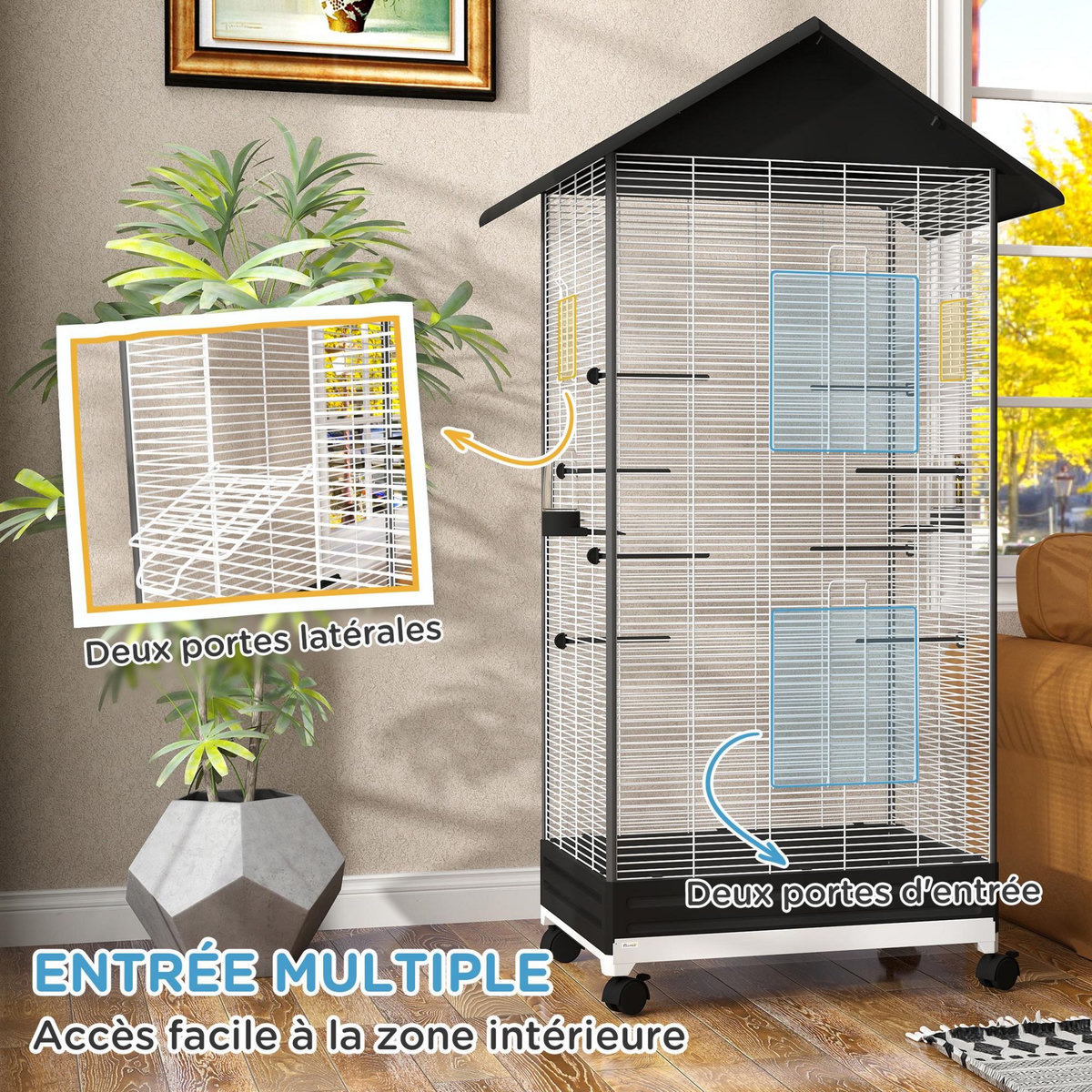 PAWHUT Cage oiseau sur roulettes - grande volière - plateau dejection amovible, mangeoires, perchoirs, portes - blanc noir