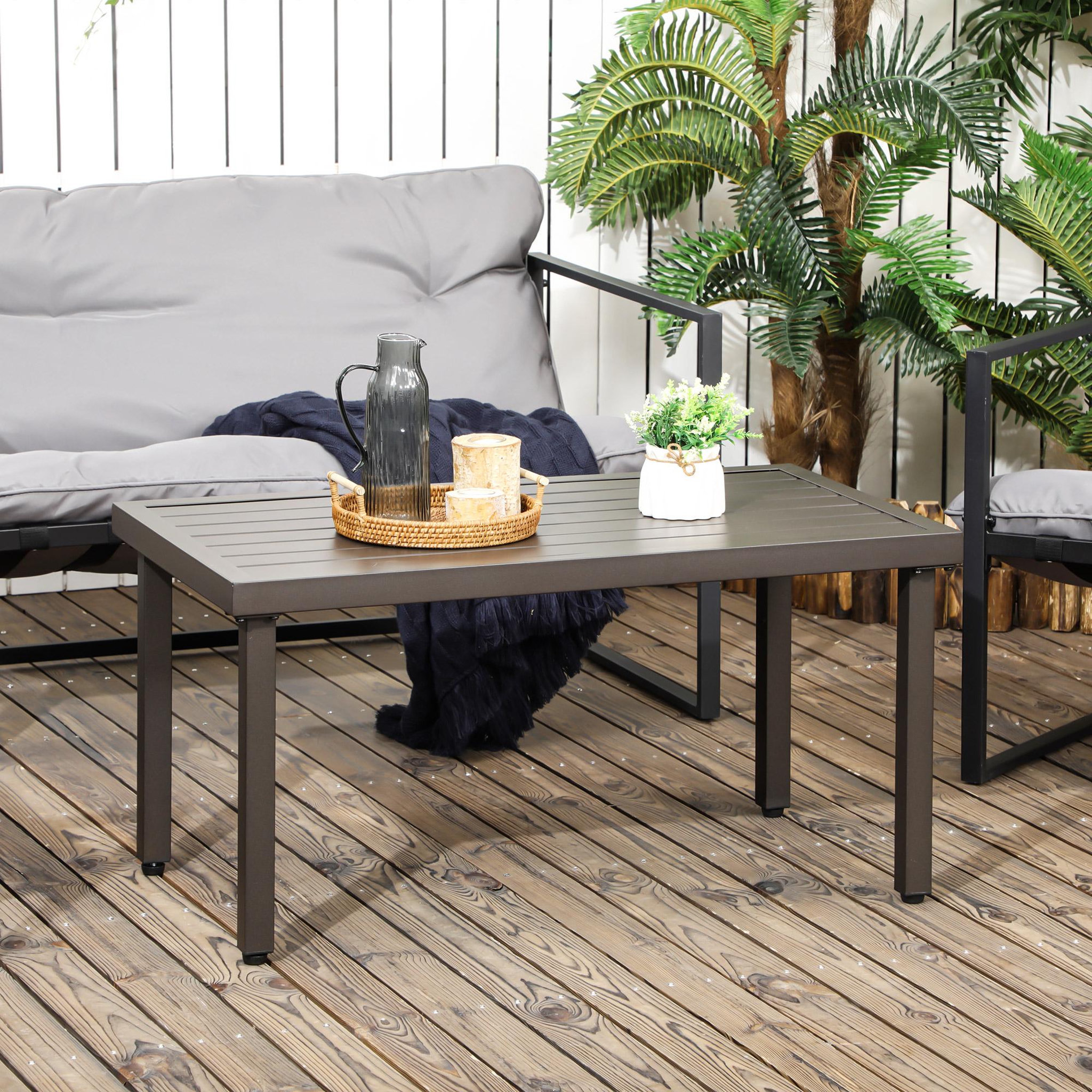 Voir la diapositive 4 : OUTSUNNY Table basse rectangulaire de jardin plateau à lattes pieds réglables dim. 91L x 51l x 46H cm acier marron