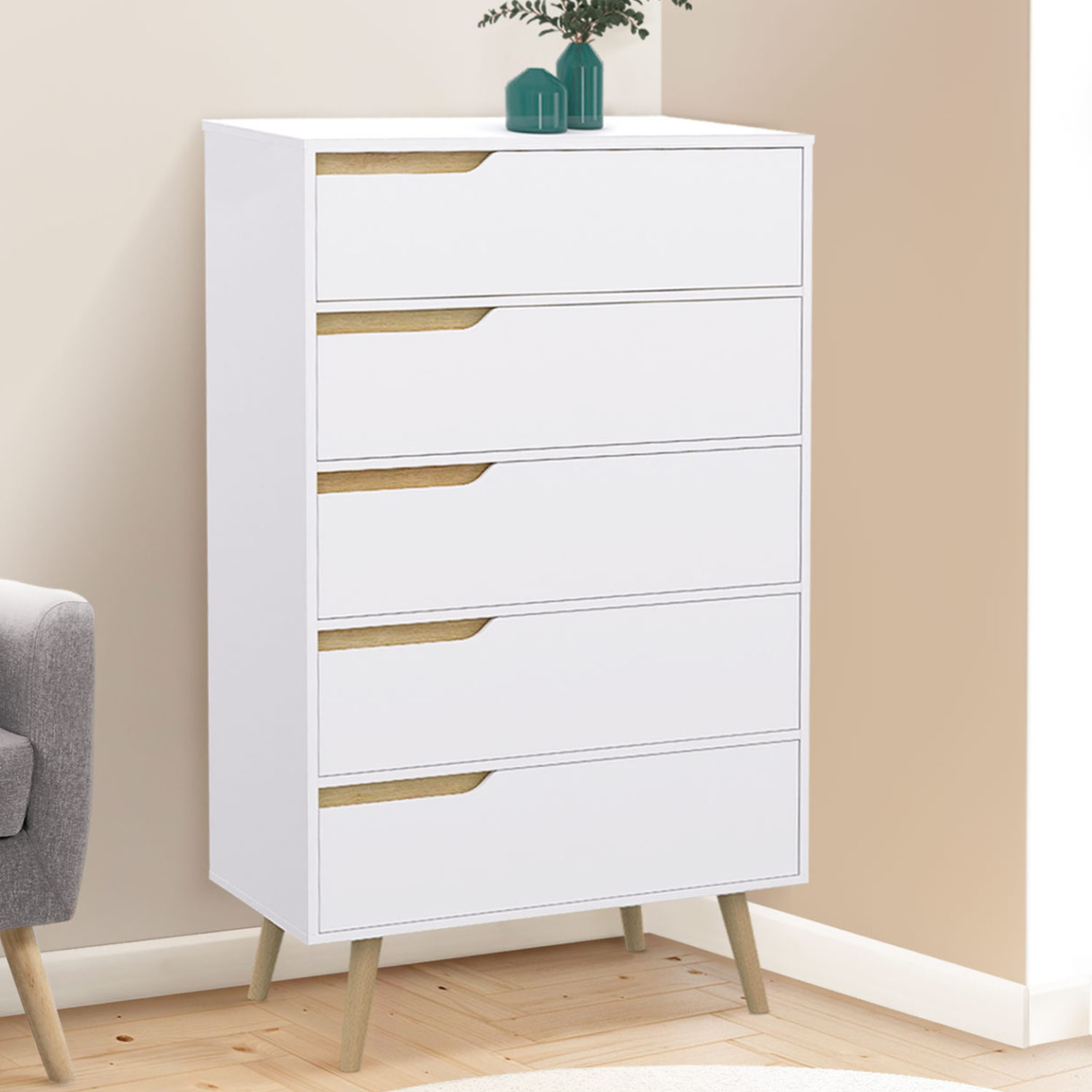 Voir la diapositive 2 : ID MARKET Chiffonnier 5 tiroirs helsinki 60x36x110 cm commode semainier blanc design scandinave