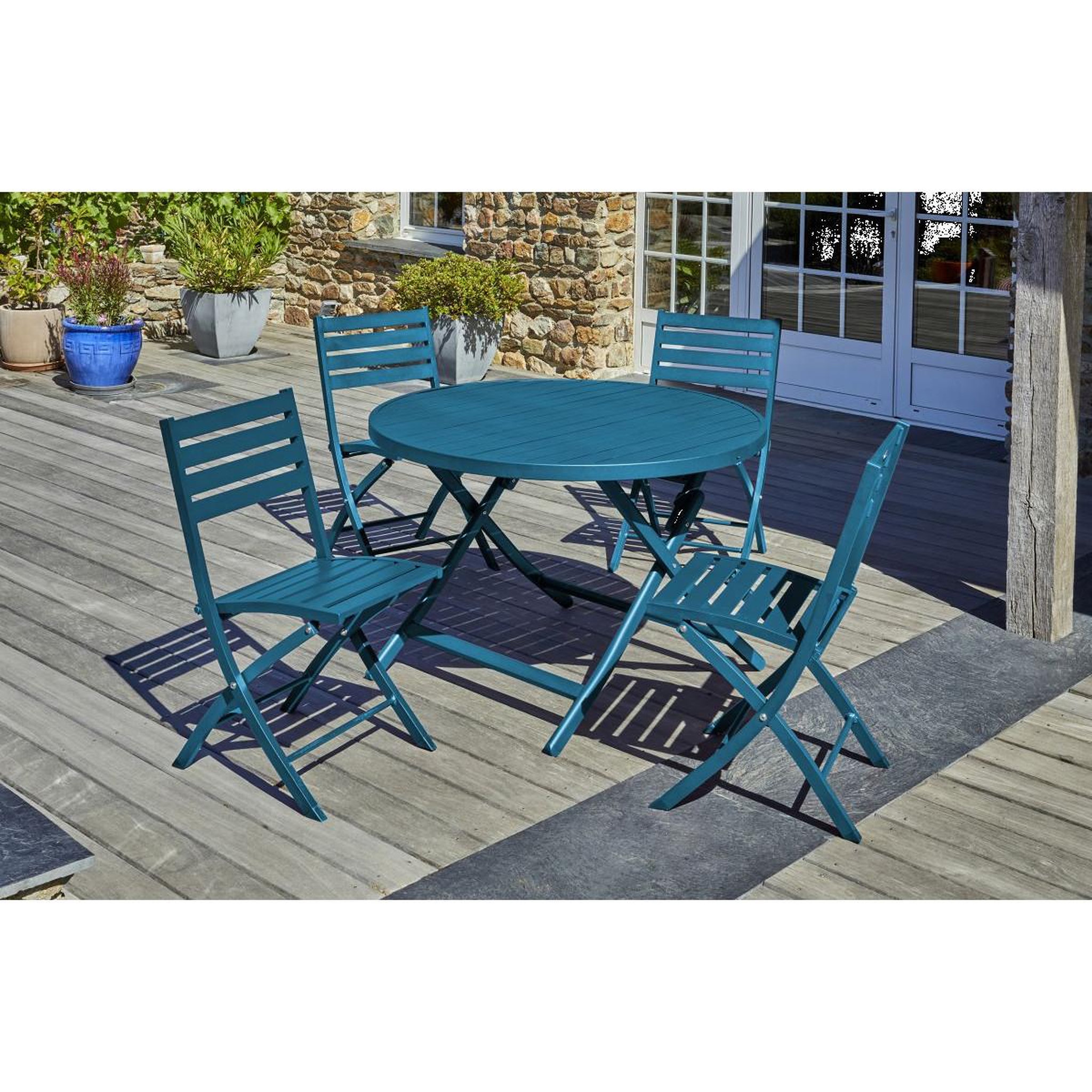 Voir la diapositive 6 : Paris Prix Ensemble table de jardin pliante & 4 chaises  marius  110cm bleu canard