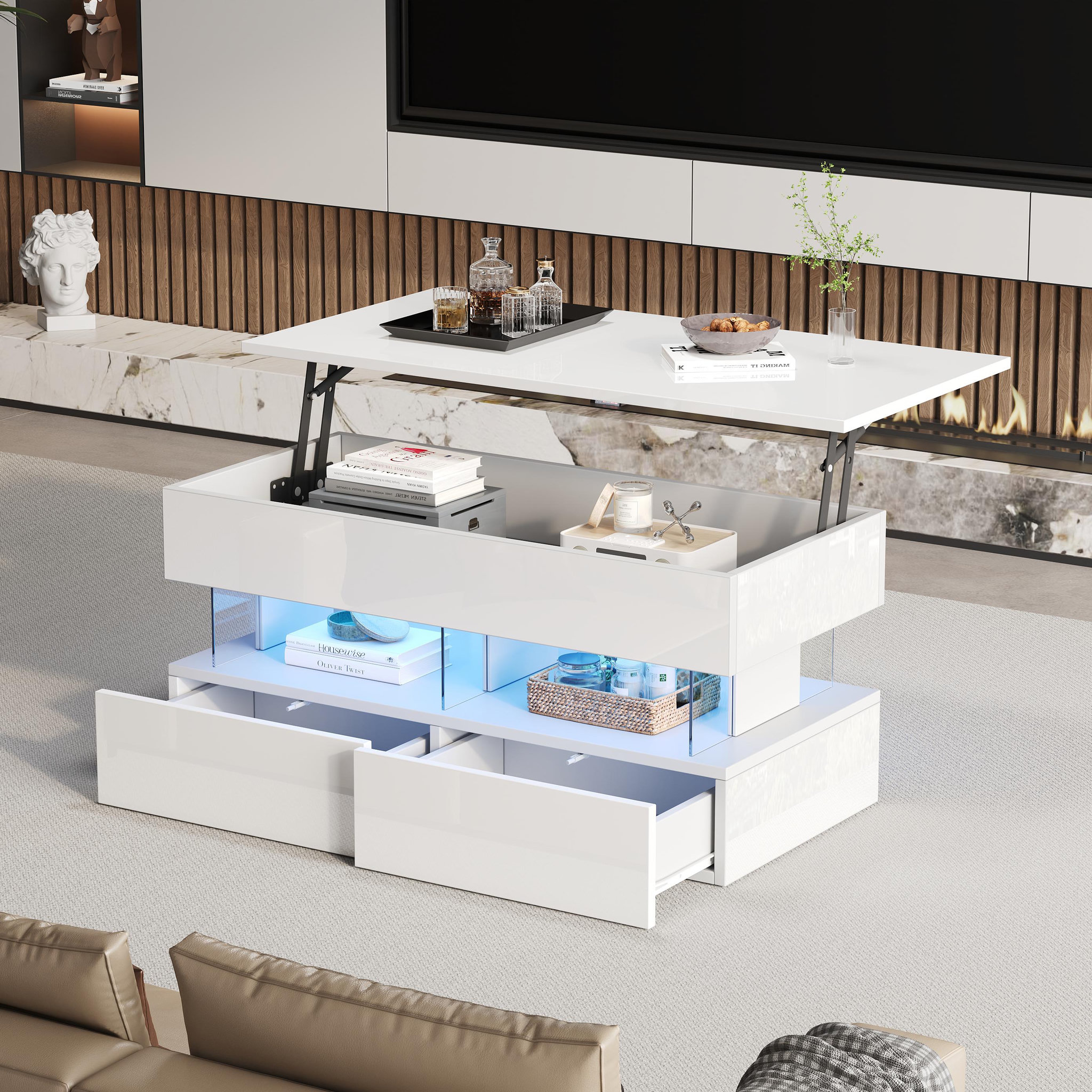Voir la diapositive 2 : MERAX Table basse relevable rectangulaire blanc - 50x100 cm led mdf