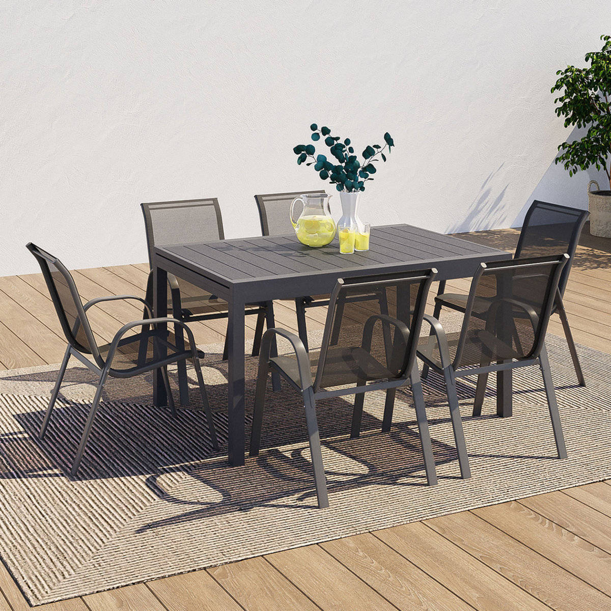 ID MARKET Salon de jardin POLY extensible table 135-270 CM et 12 chaises gris foncé