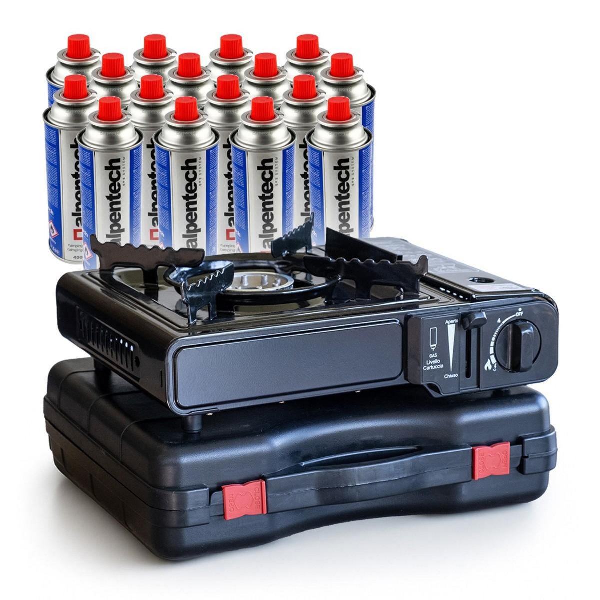 BRIXO Réchaud à gaz portable 2200W + 16 cartouches de gaz Camping Cuisine Extérieure