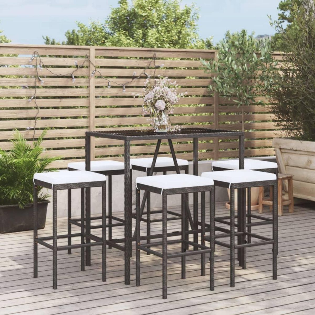 VIDAXL Ensemble de bar de jardin 7 pcs avec coussins noir poly rotin