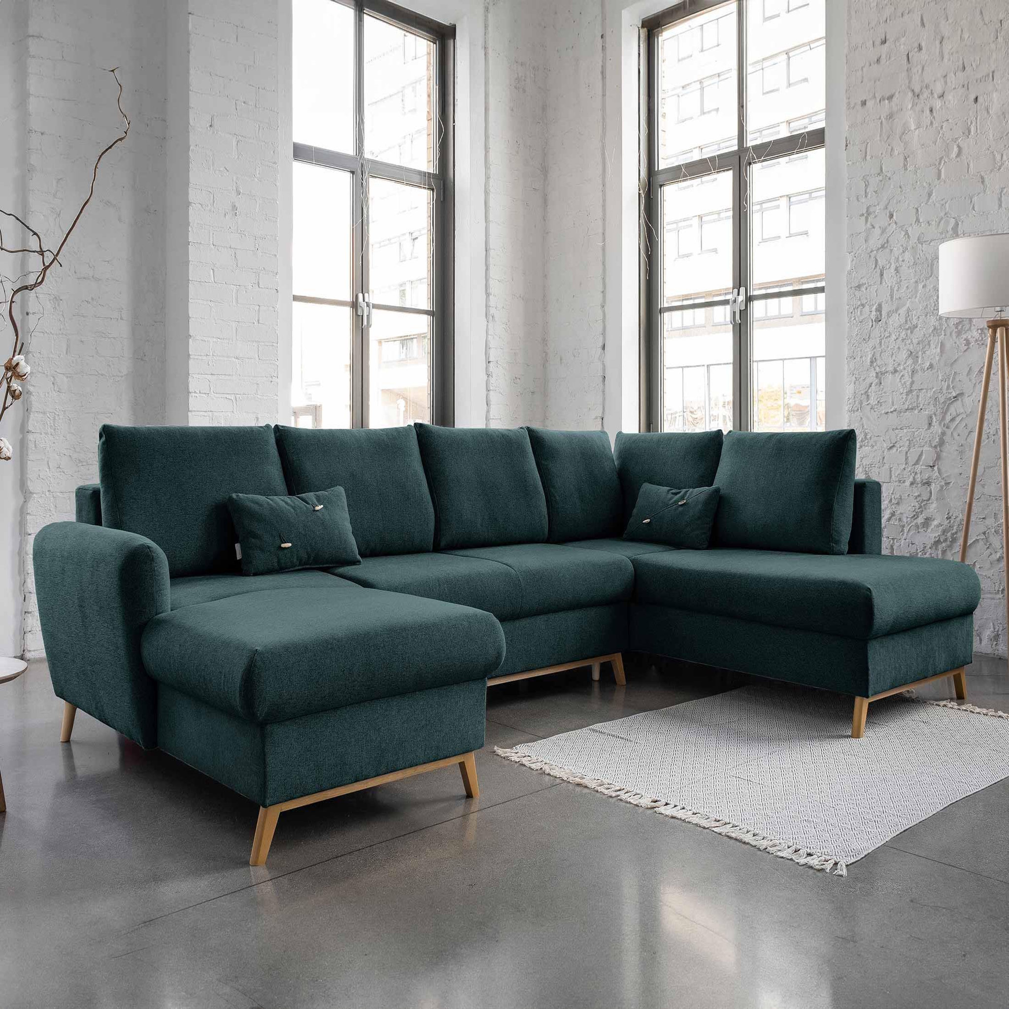 Voir la diapositive 1 : BEST MOBILIER Lagom - canapé d'angle panoramique - convertible - avec coffre - en tissu - 7 places - droit