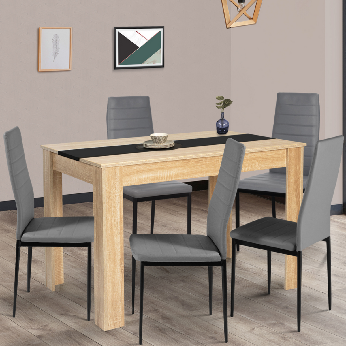 ID MARKET Table à manger rectangle ROZY 6 personnes façon hêtre et noire 110 cm