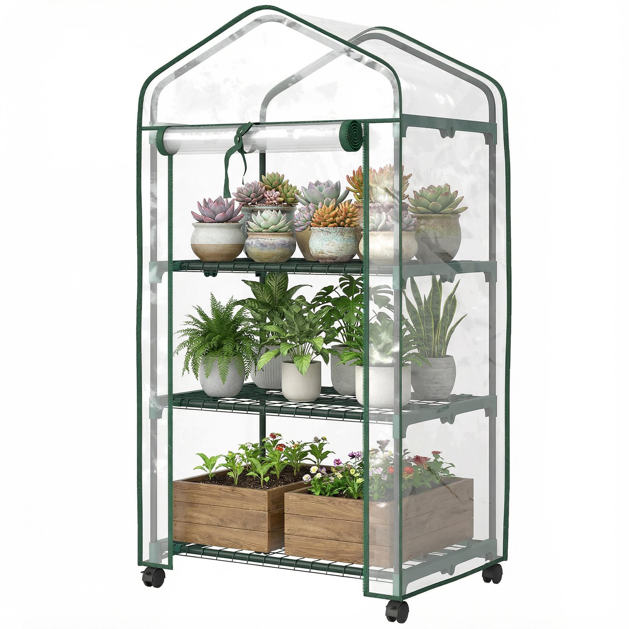Voir la diapositive 5 : OUTSUNNY Mini serre de jardin 3 étagères porte enroulable 4 roulettes pe transparent