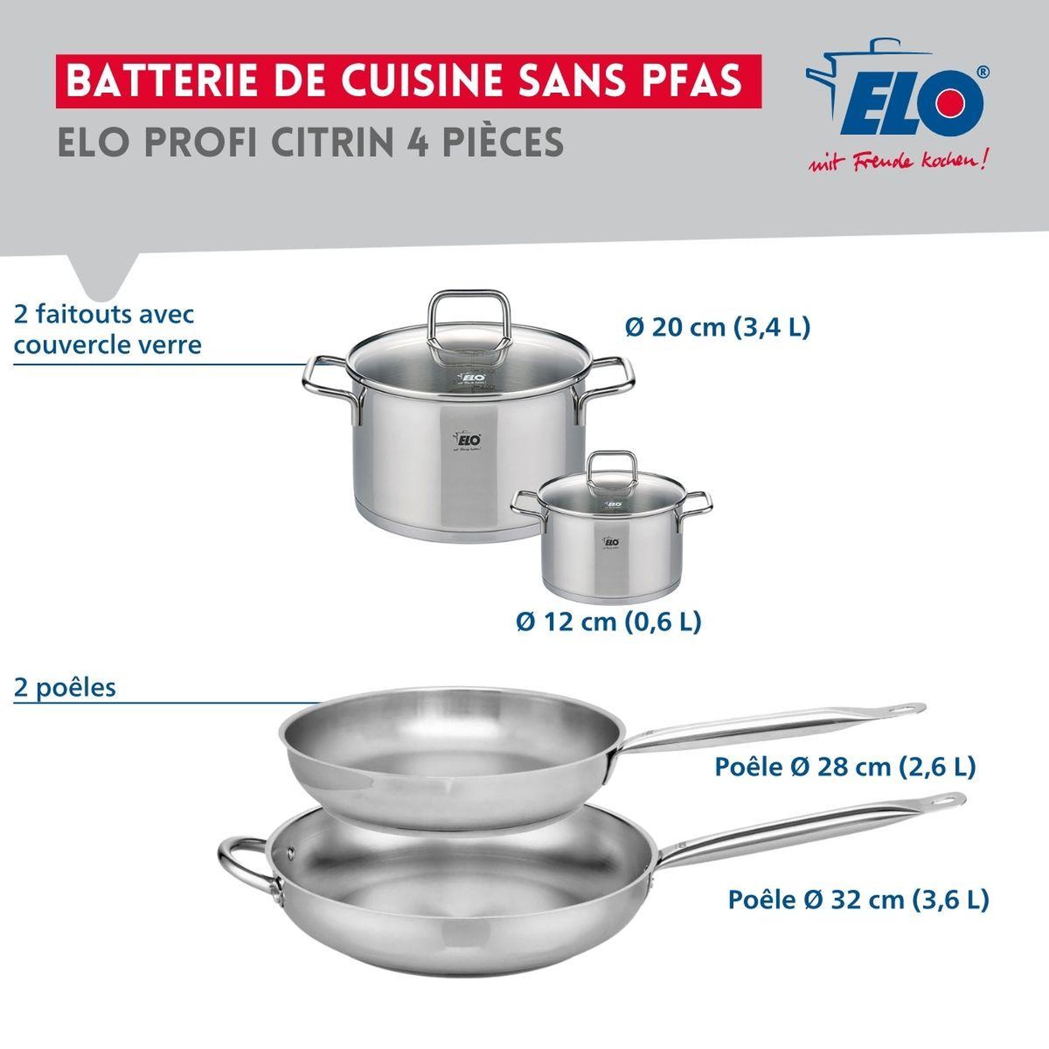 Voir la diapositive 2 : ELO Ensemble de 2 poêles de cuisson 28 et 32 cm et 2 faitouts 12 et 20 cm elo profi citrin