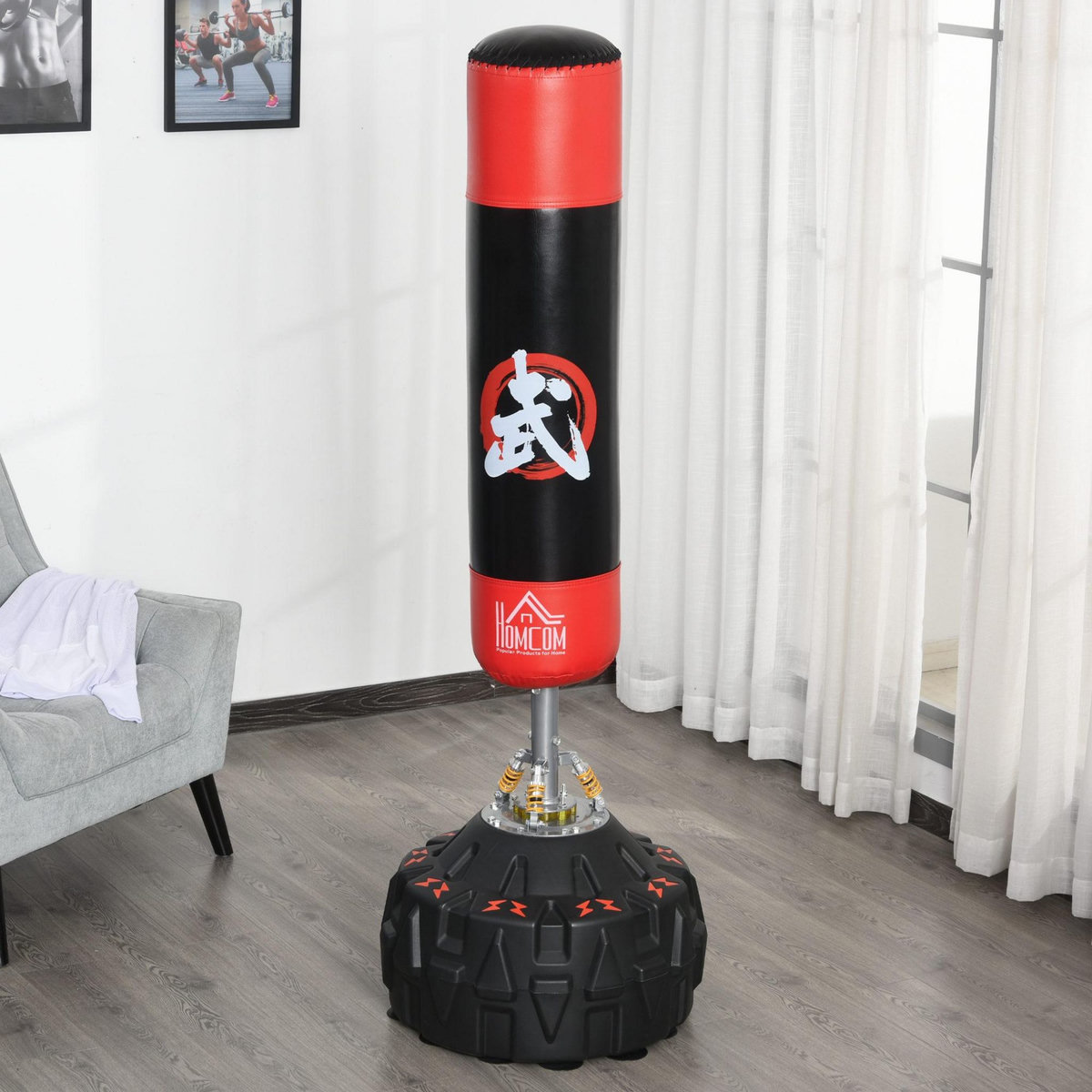 HOMCOM Sac de frappe boxe autoportant punching ball Ø 60 x 180 cm ventouses antidérapantes amortisseurs noir rouge