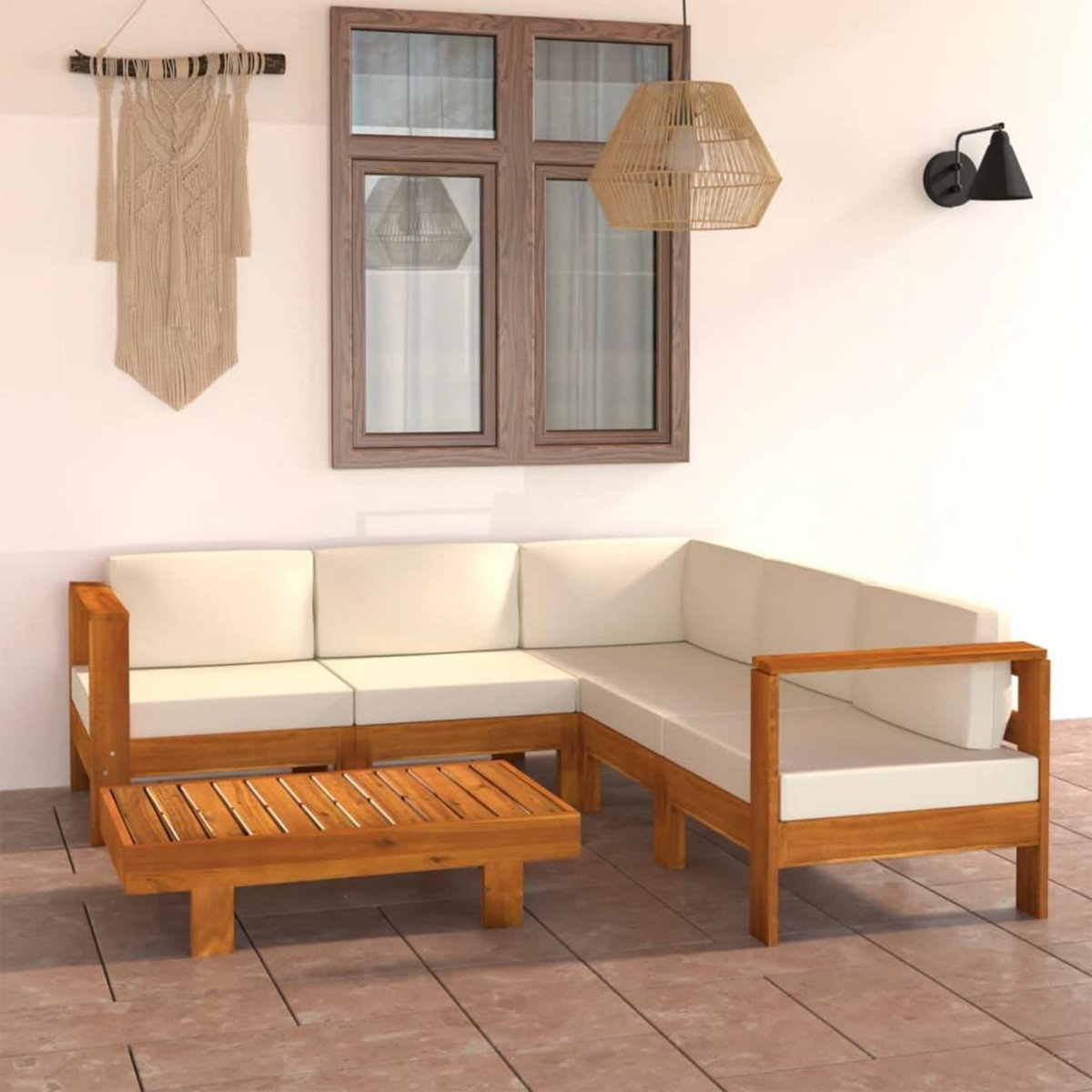 VIDAXL Salon de jardin 6 pcs avec coussins blanc creme Bois d'acacia