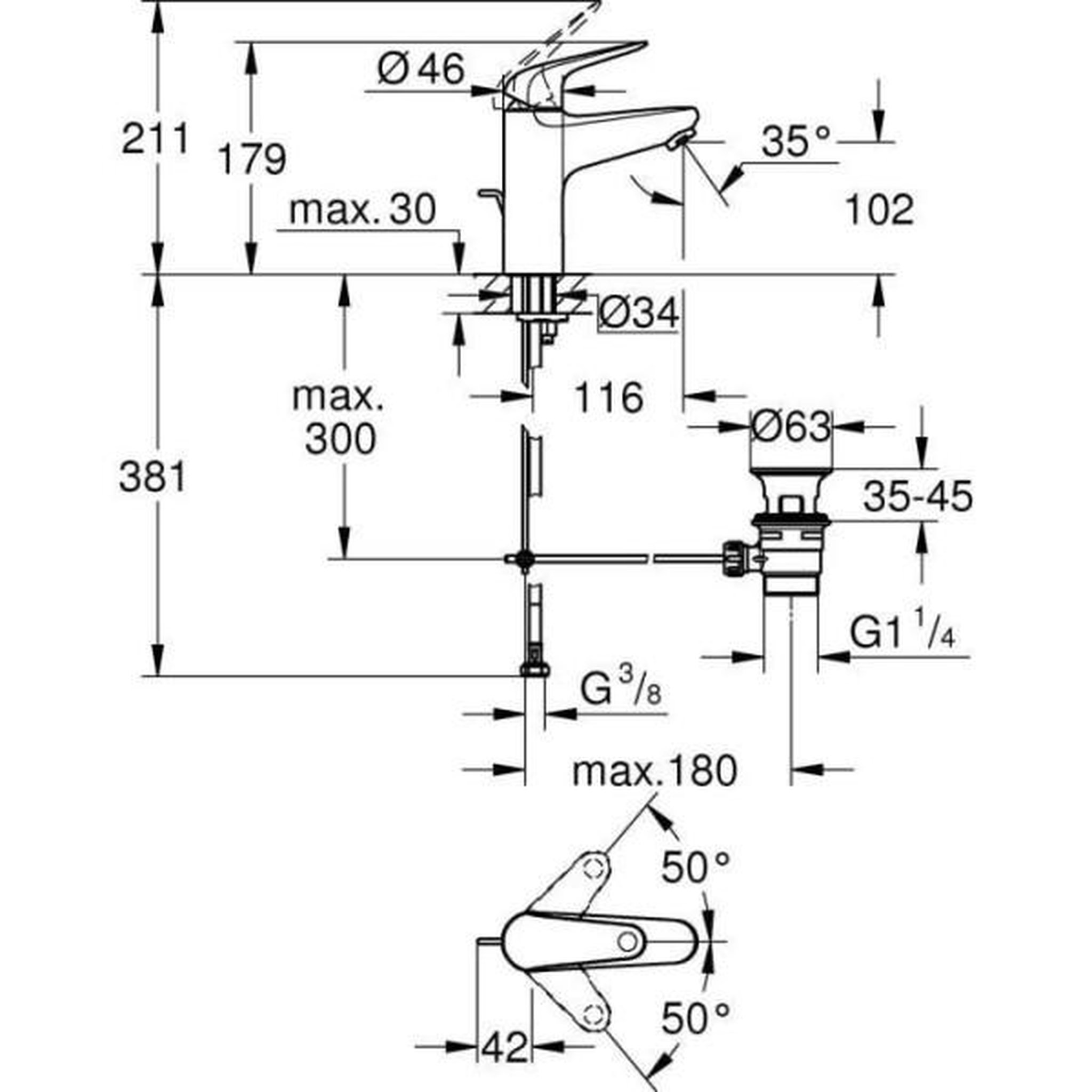 Voir la diapositive 4 : Grohe Mitigeur monocommande lavabo - GROHE Swift - 24328001 - Chromé - Taille M - Ouverture Eau Froide - Economie d'eau -Tirette et v