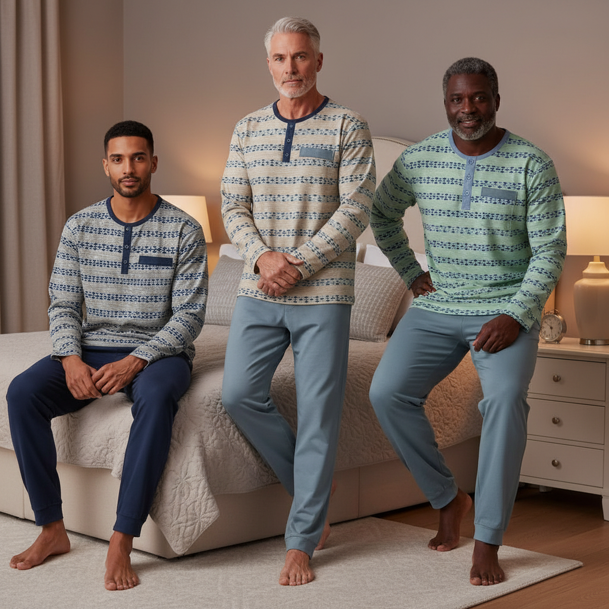 Voir la diapositive 4 : OZABI OZABI Ensemble Pyjama Homme Long Pack de 3, Haut Imprimé Col Boutonné