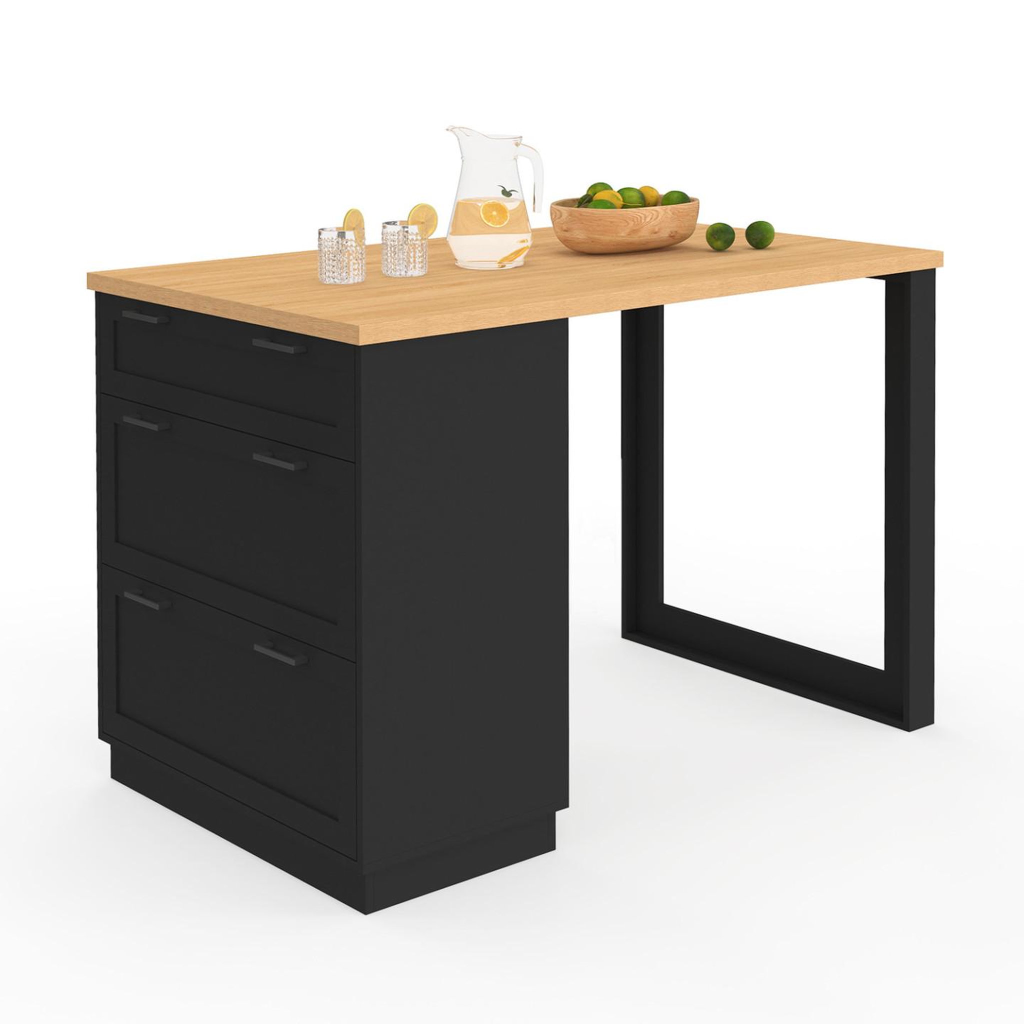 Voir la diapositive 4 : ID MARKET Ilot central mange-debout 4 personnes vito 130 cm casserolier 3 tiroirs noir et plateau bois