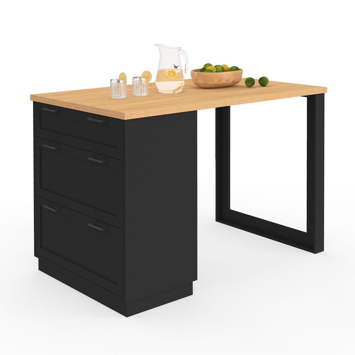 ID MARKET Ilot central mange-debout 4 personnes VITO 130 cm casserolier 3 tiroirs noir et plateau bois